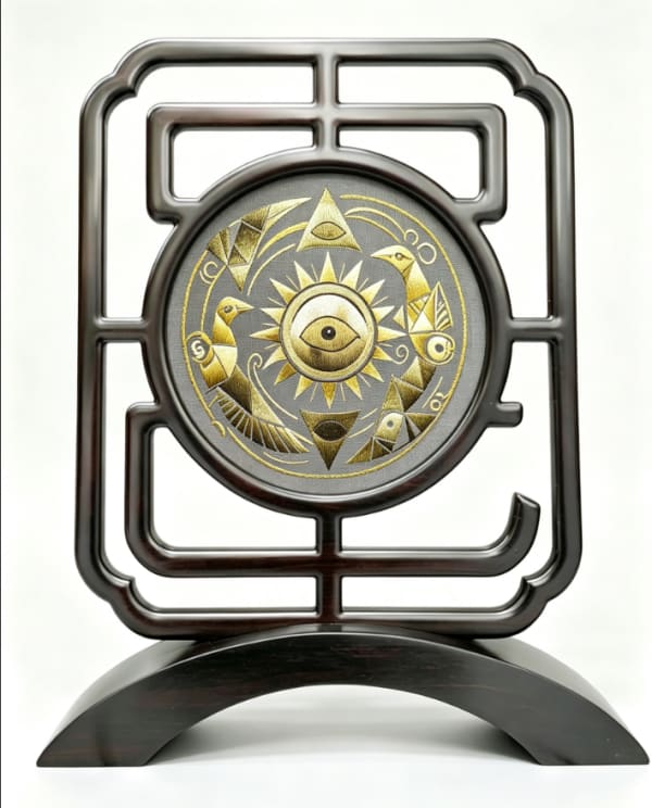 "Golden Crow Encircling the Sun" Shu Embroidery Table Screen · Sun Bird Theme Handmade Ornament