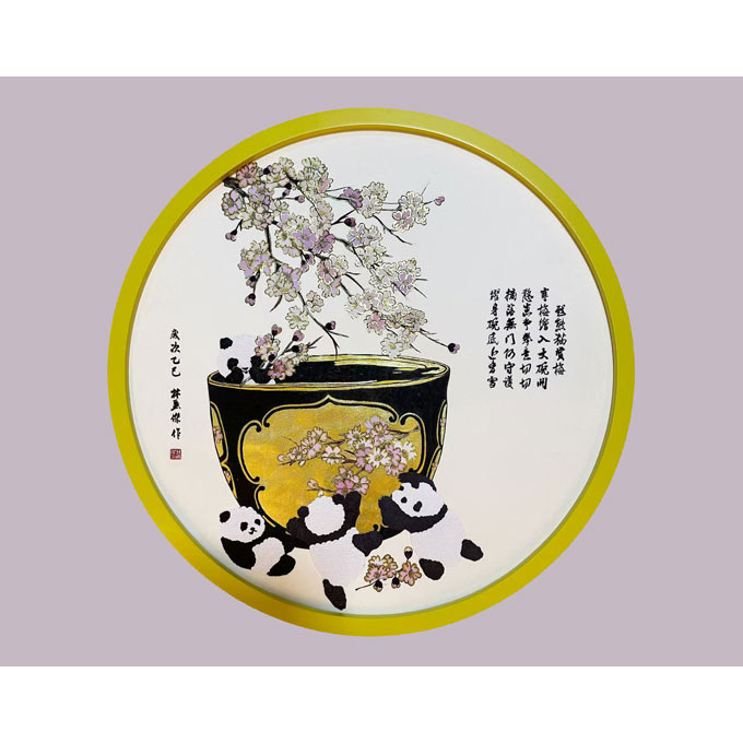 Pandas enjoying plum blossoms