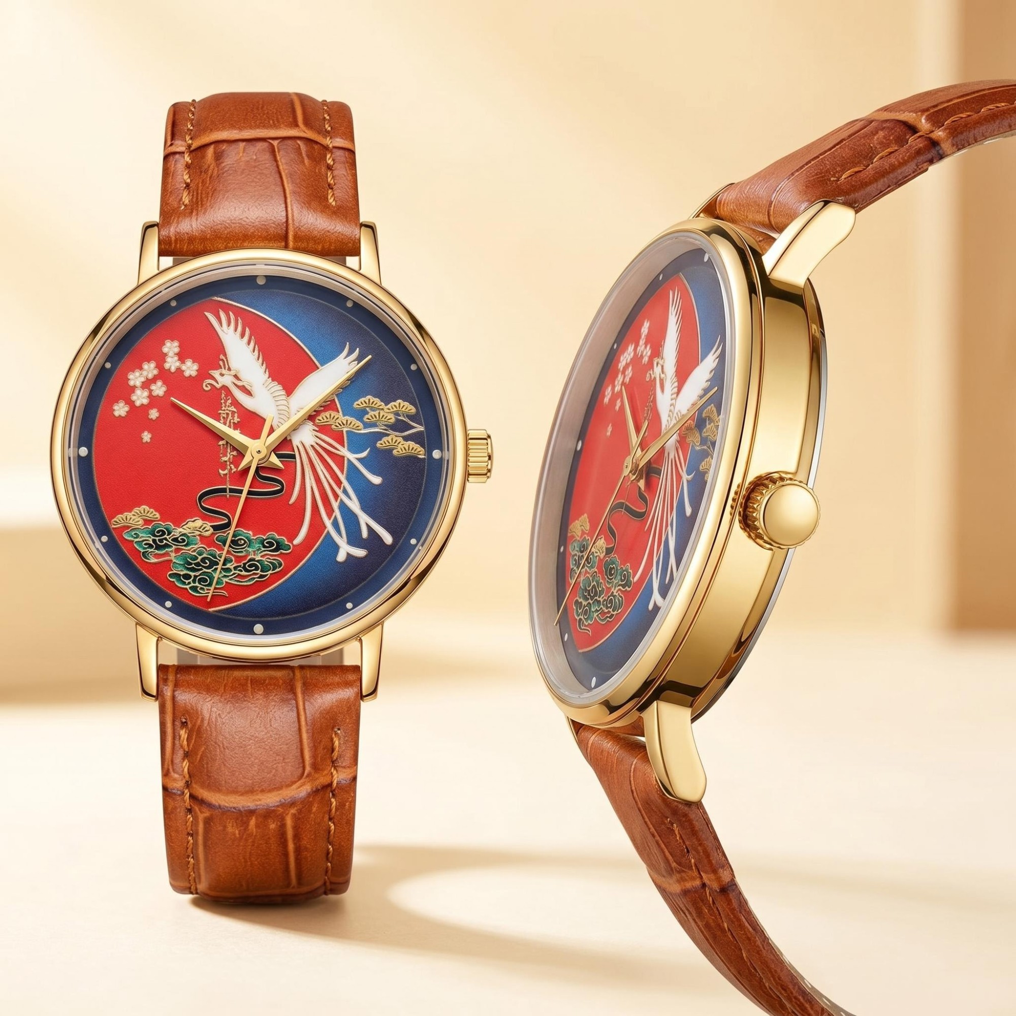 Phoenix Cries to the Rising Sun Enamel Watch