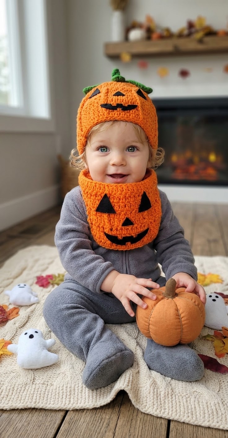 Handmade Crochet Pumpkin Baby Set – Halloween Hat & Matching Neck Warmer, 1 Year Old, Ready to Ship