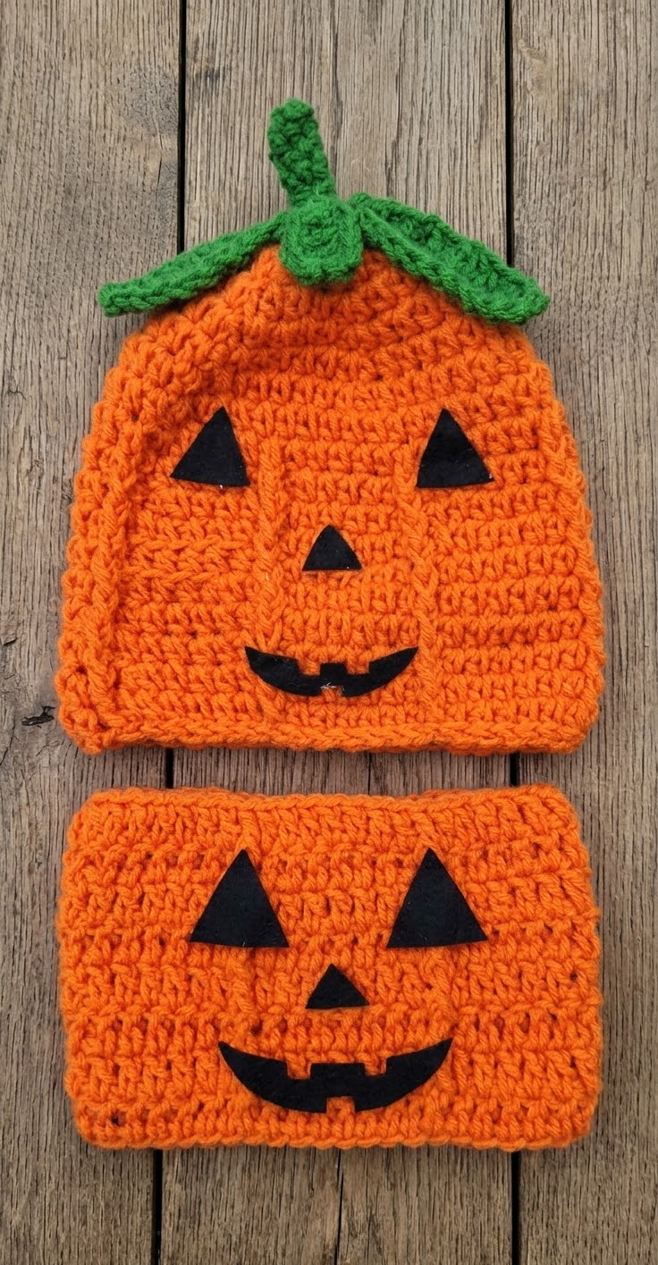 Handmade Crochet Pumpkin Baby Set – Halloween Hat & Matching Neck Warmer, 1 Year Old, Ready to Ship