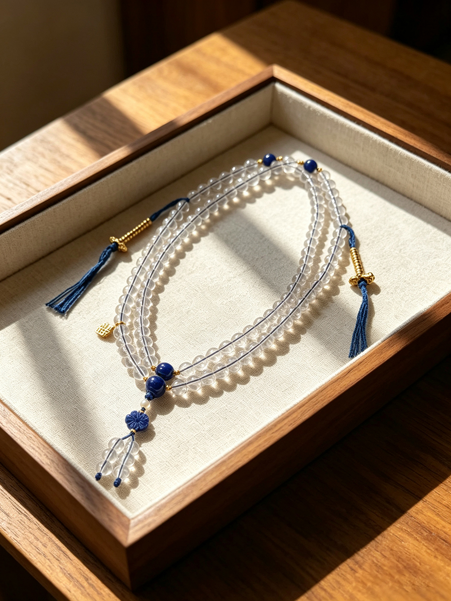 Original design Chinese-style 108-bead white crystal and lapis lazuli prayer beads