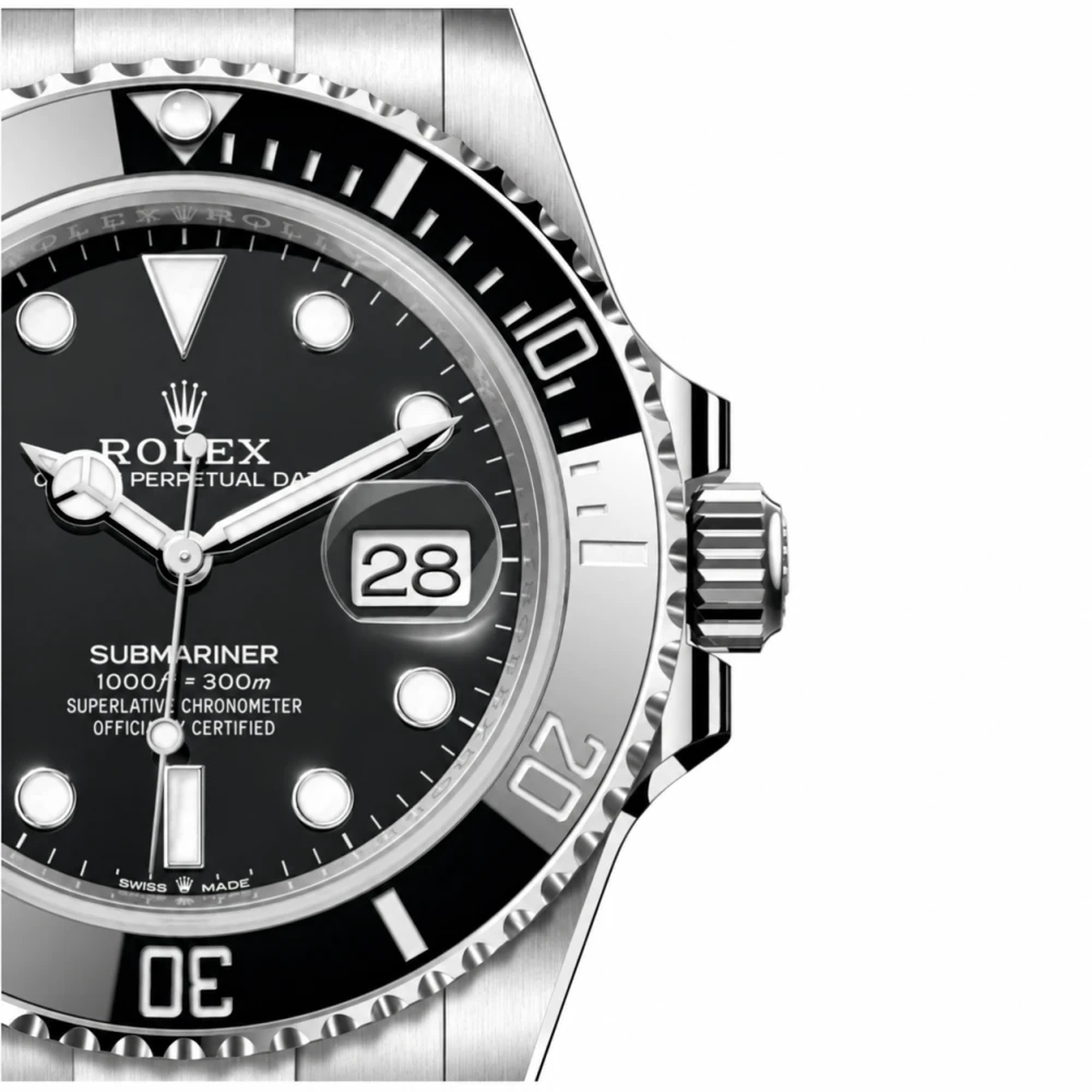 Close view of the black dial, date window and hour markers