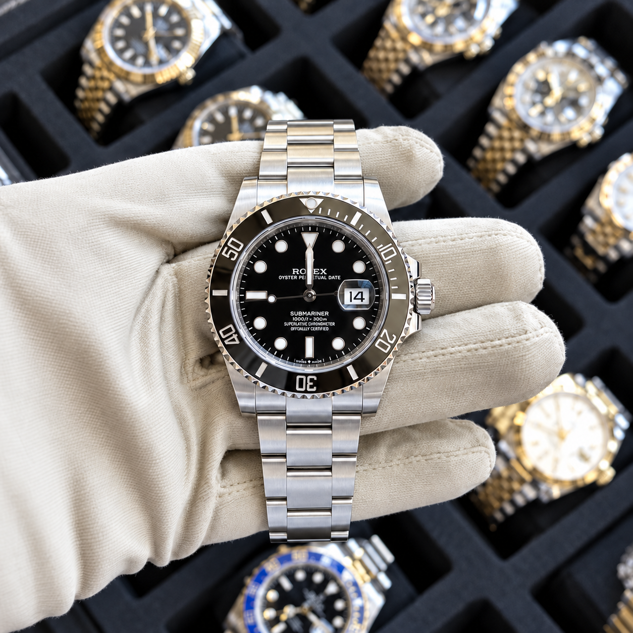 Submariner design with a black dial and silver-tone finish