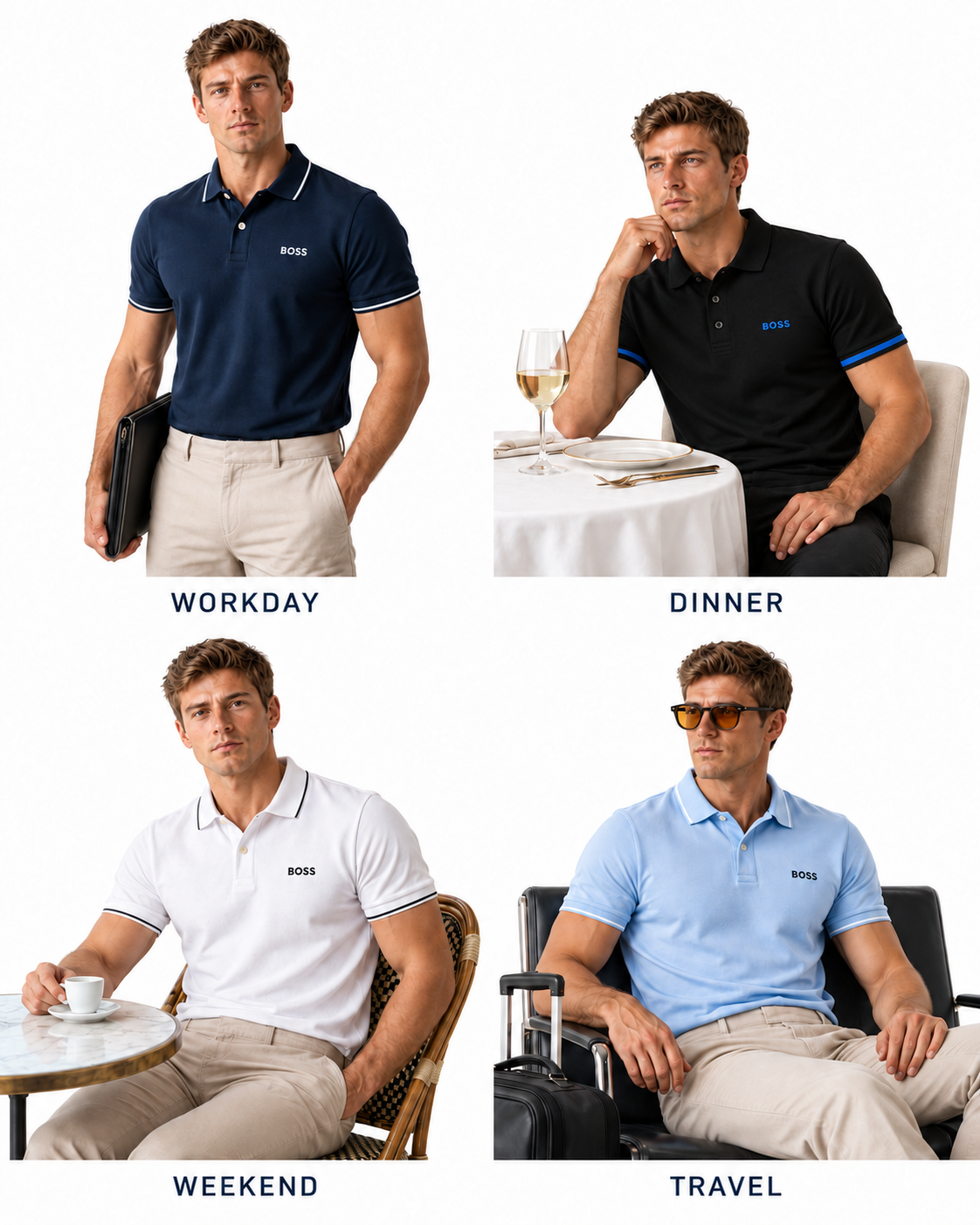Polo shirts styled for workday, dinner, weekend and travel