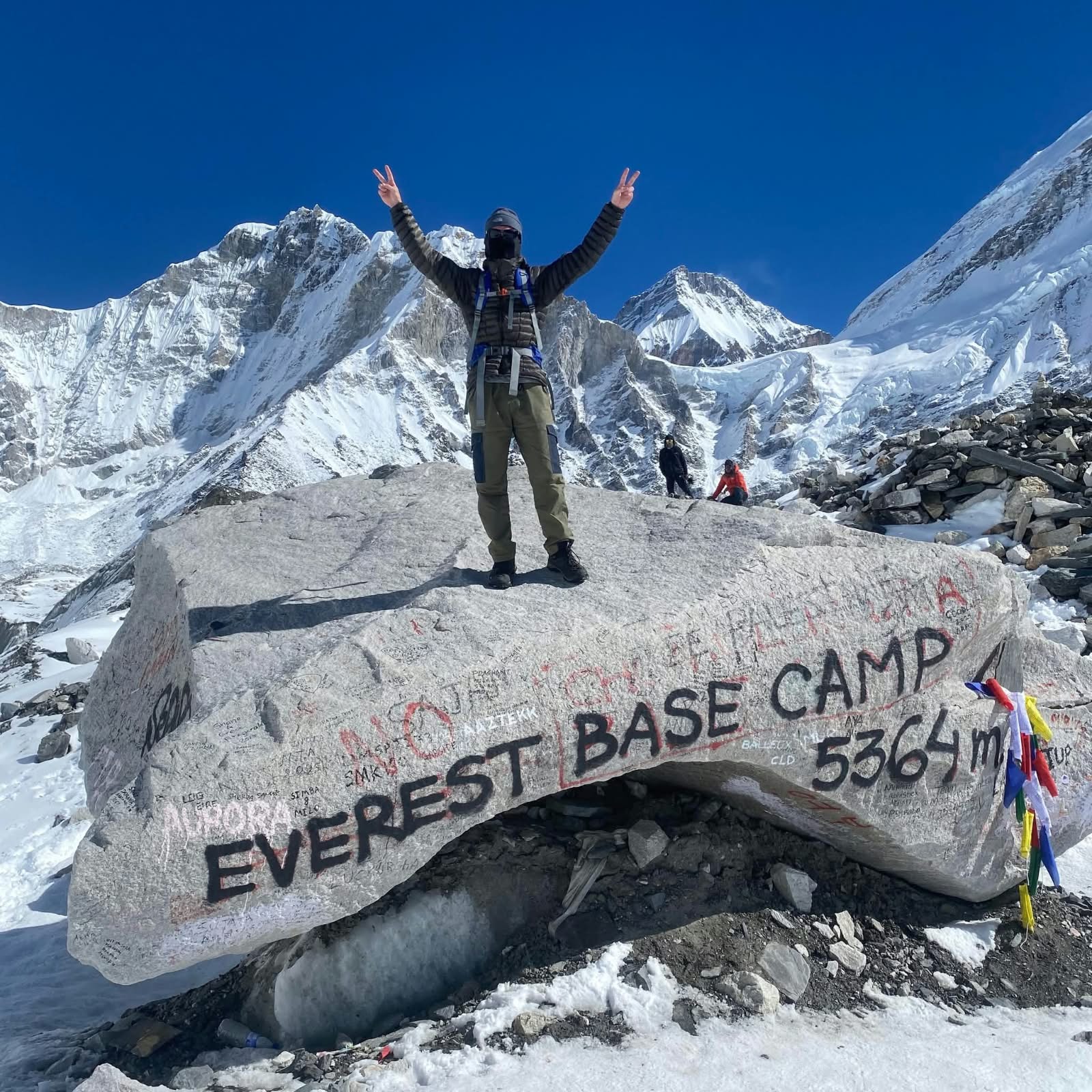 Trekker at the Everest Base Camp marker at 5,364 m