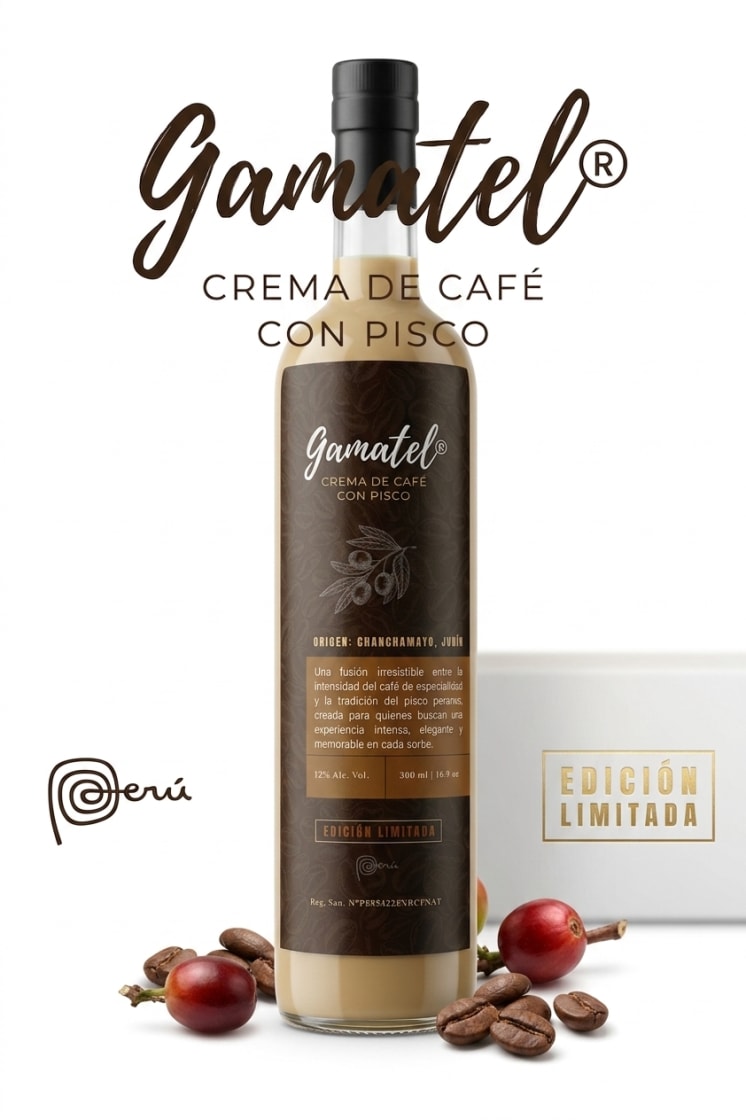Botella Gamatel Crema de Café con Pisco, 500 ml, 12% vol. — licor peruano artesanal
