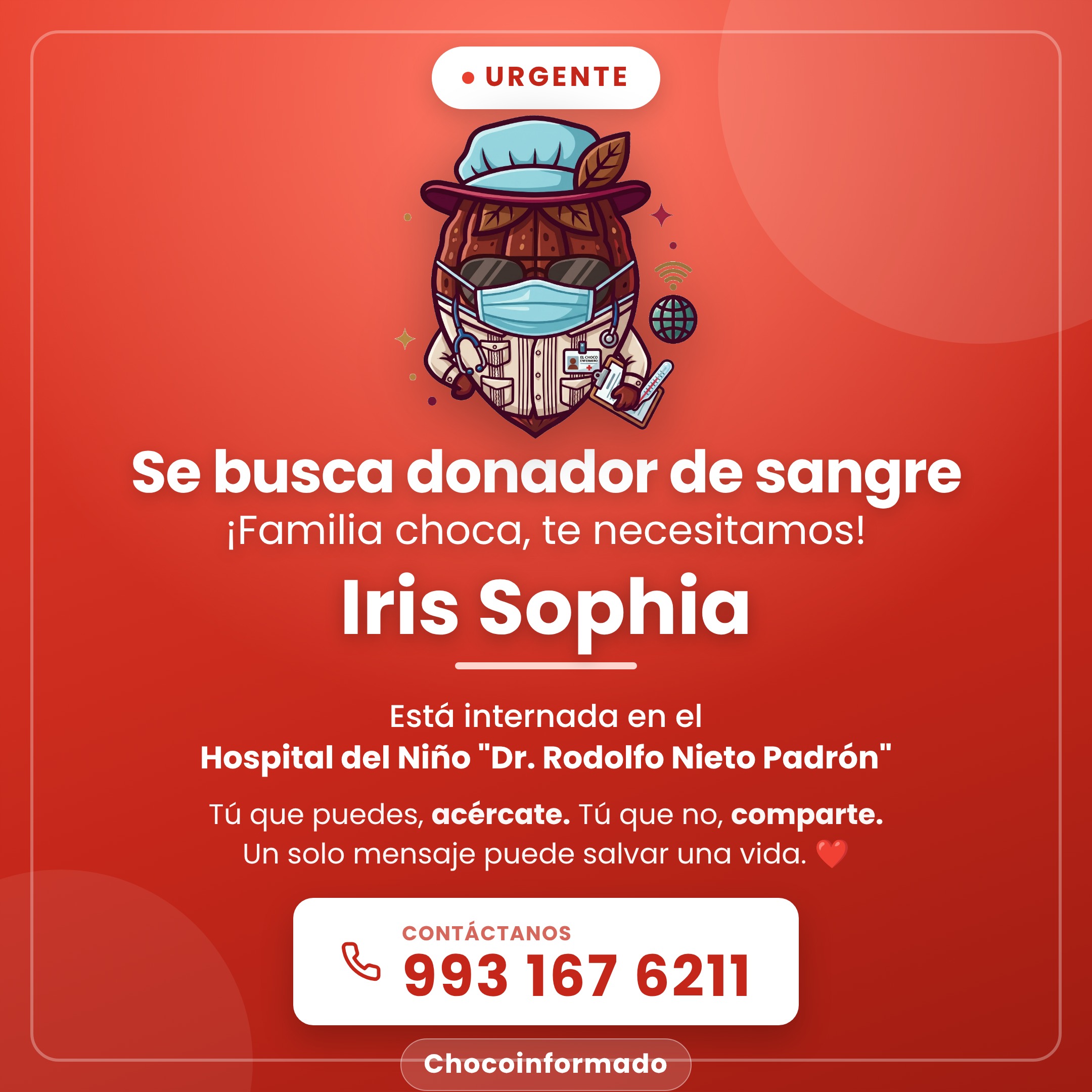 Se busca donador de sangre para Iris Sophia