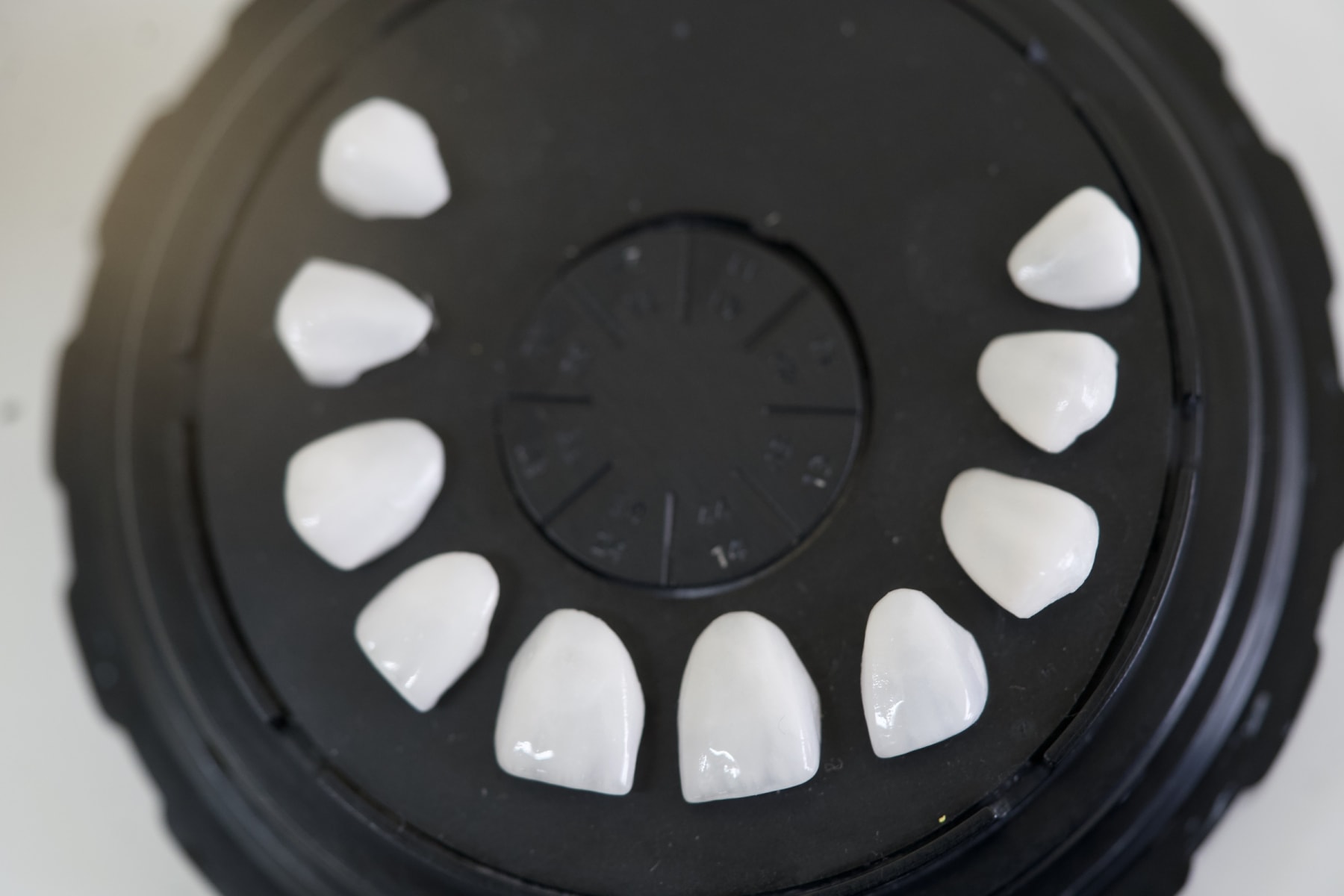 Veneer shells on a tray in the Colombia Care Dental lab, Medellín