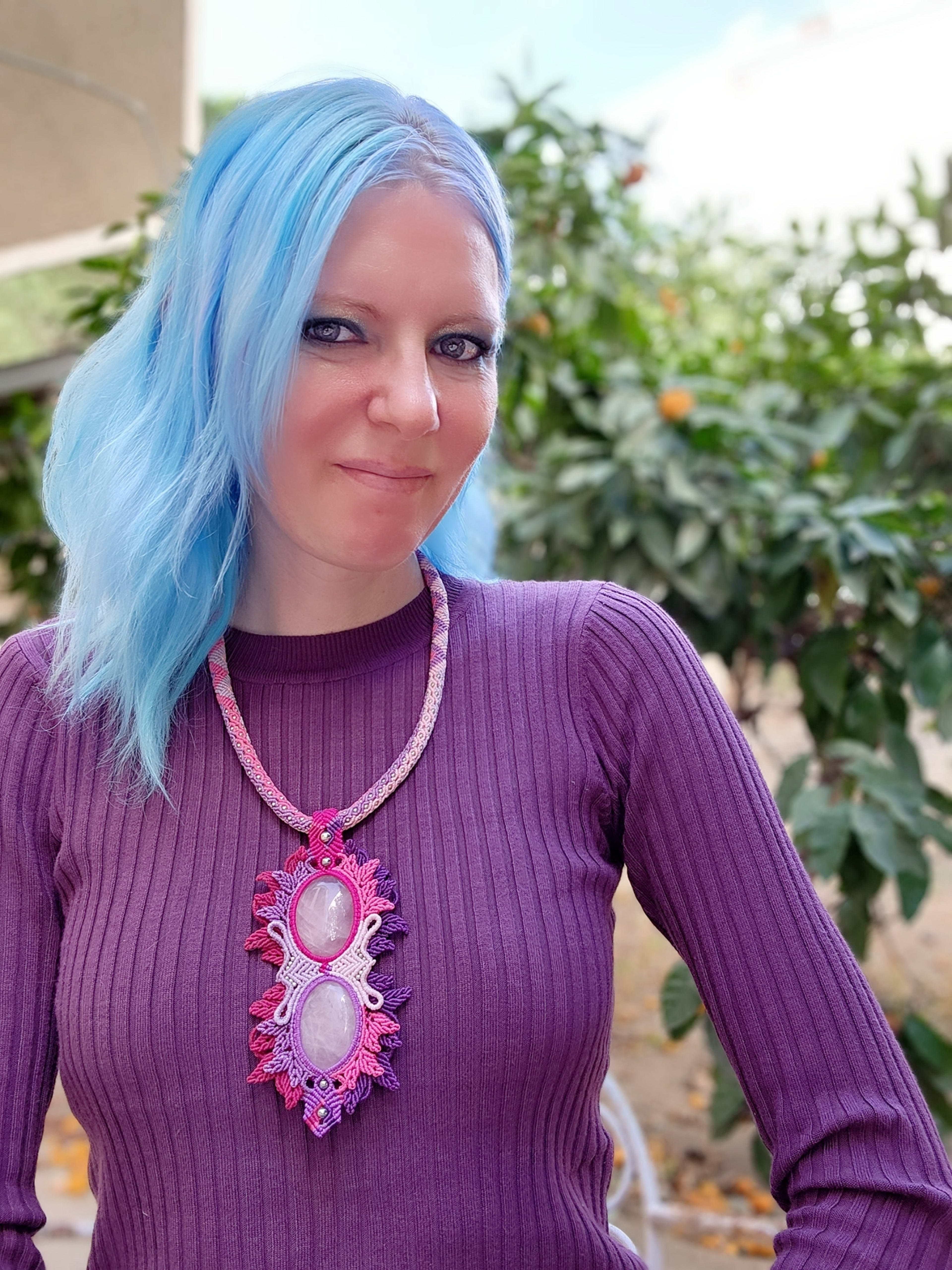 Macrame Rose Quartz Double Pendant Necklace | Pink & Purple Statement Necklace