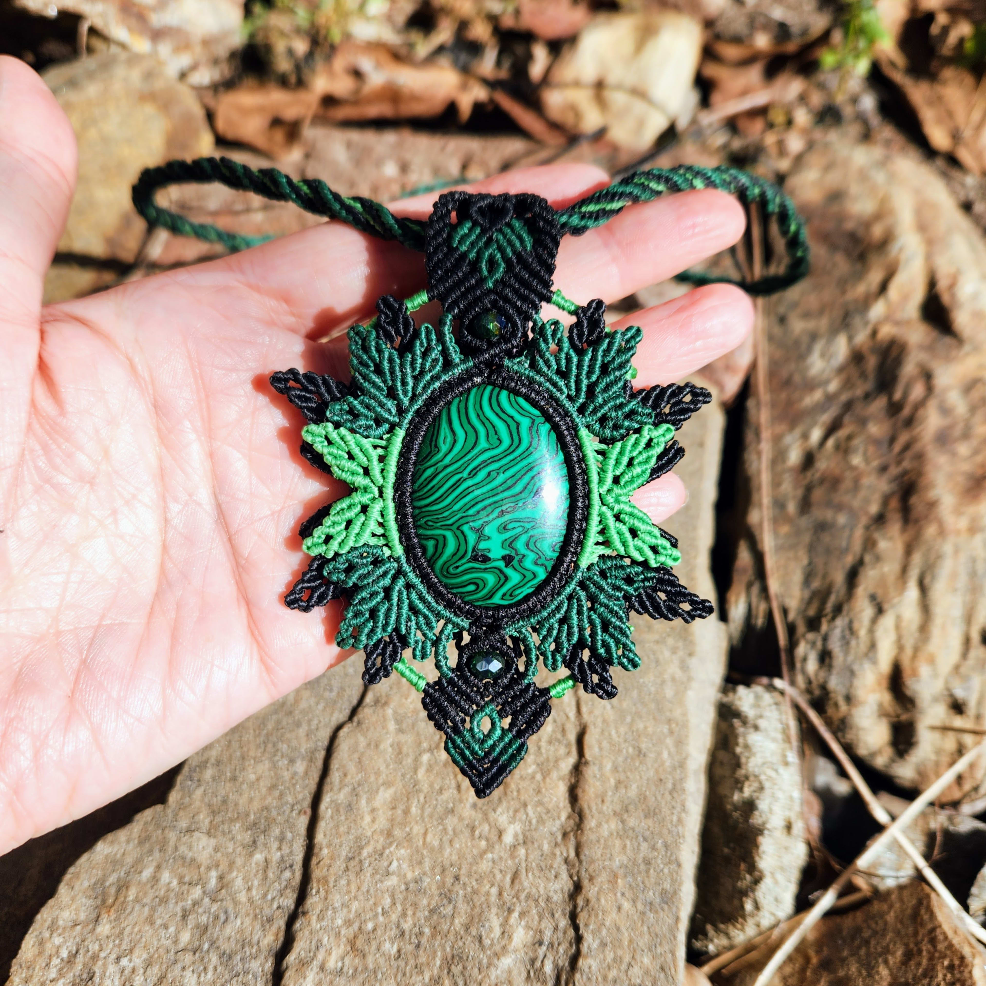 Green Malachite Macrame Pendant Necklace - Handcrafted Vibrant Jewelry