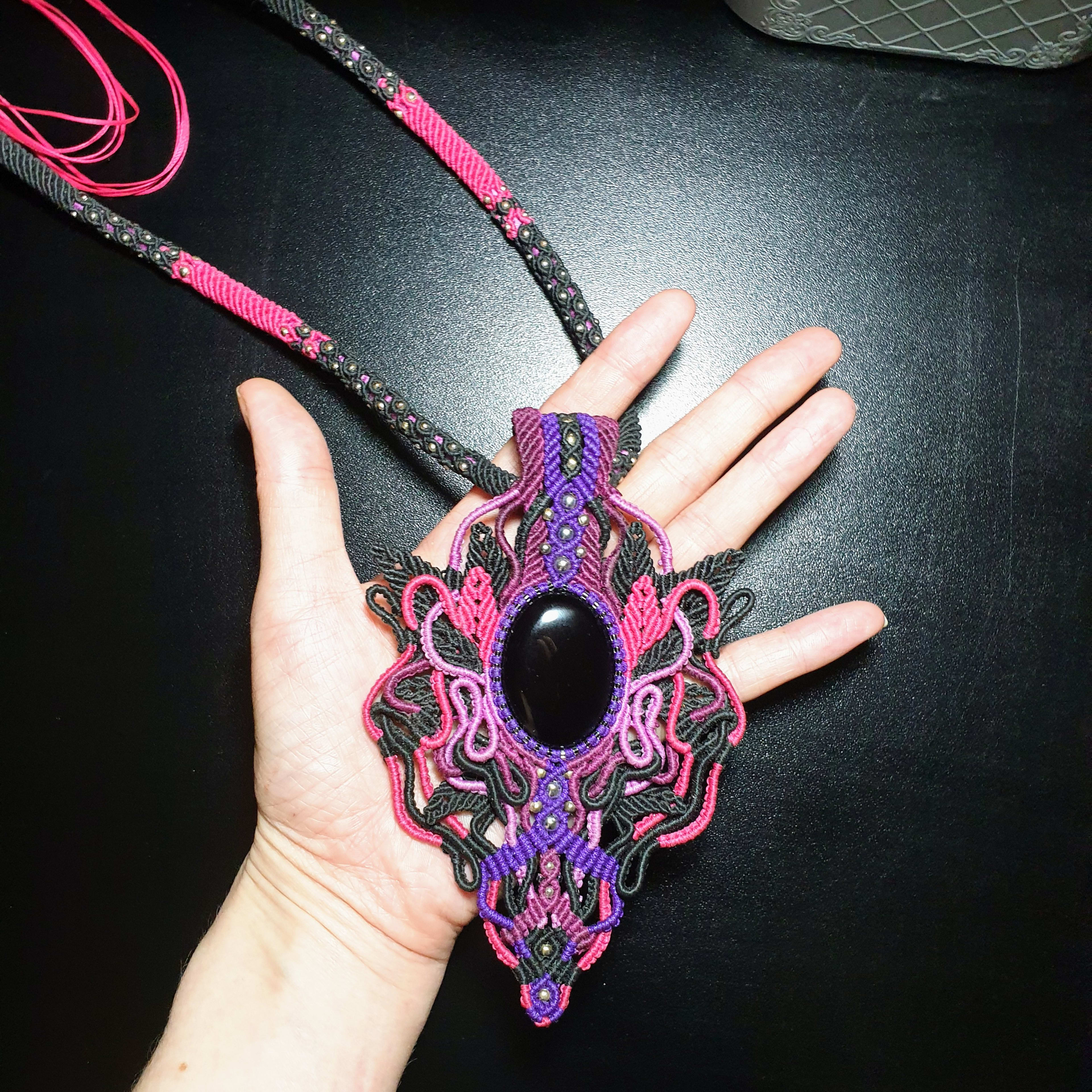 Black Onyx Macrame Necklace, Gothic Statement Pendant, Boho Jewelry, Adjustable Length