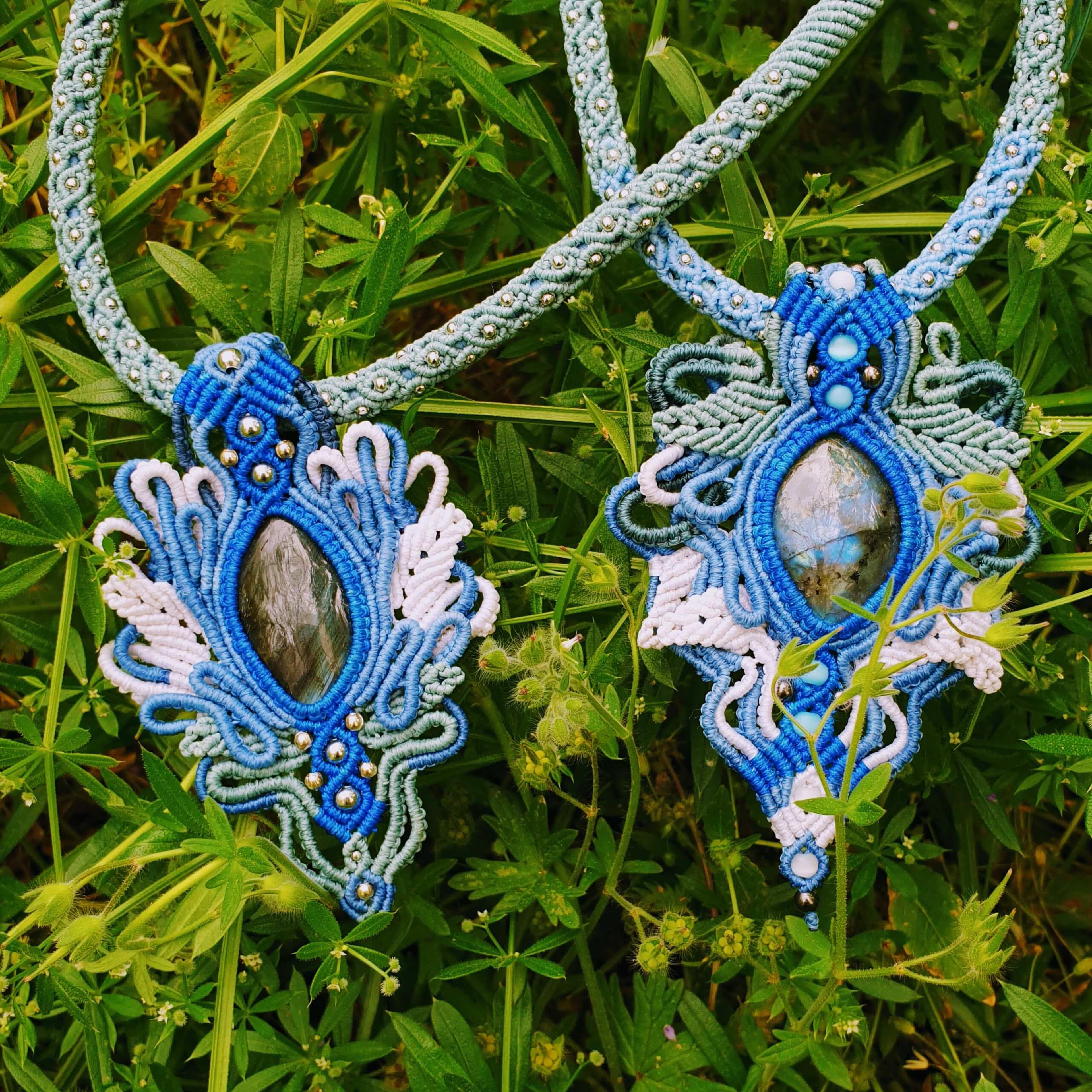 Two Handmade Lotus Macrame Labradorite Pendant Necklace: Boho Hippie Crystal Jewelry