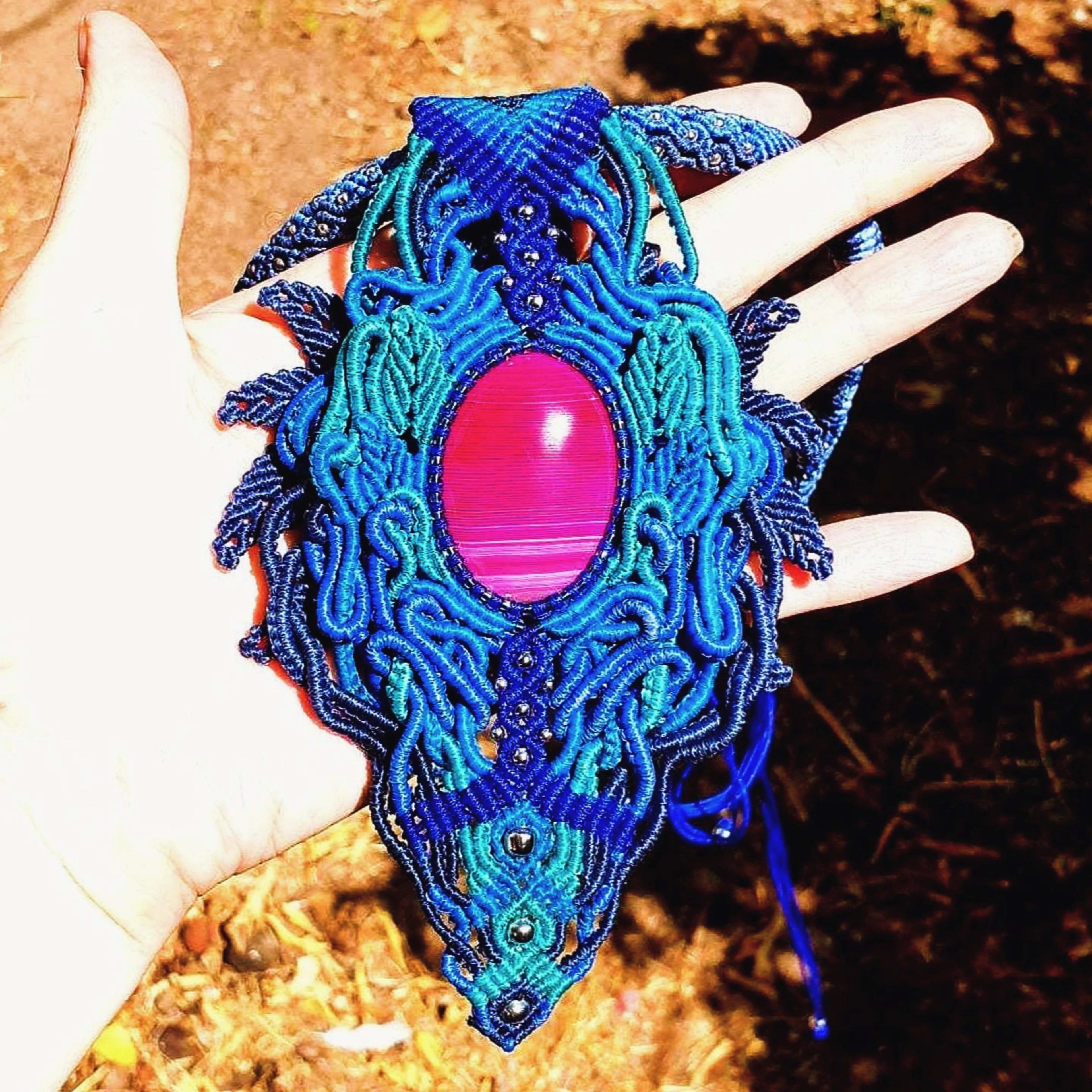 Big Blue Macrame Pendant Necklace with Dyed Pink Onyx Stone - Handmade Intricate Necklace