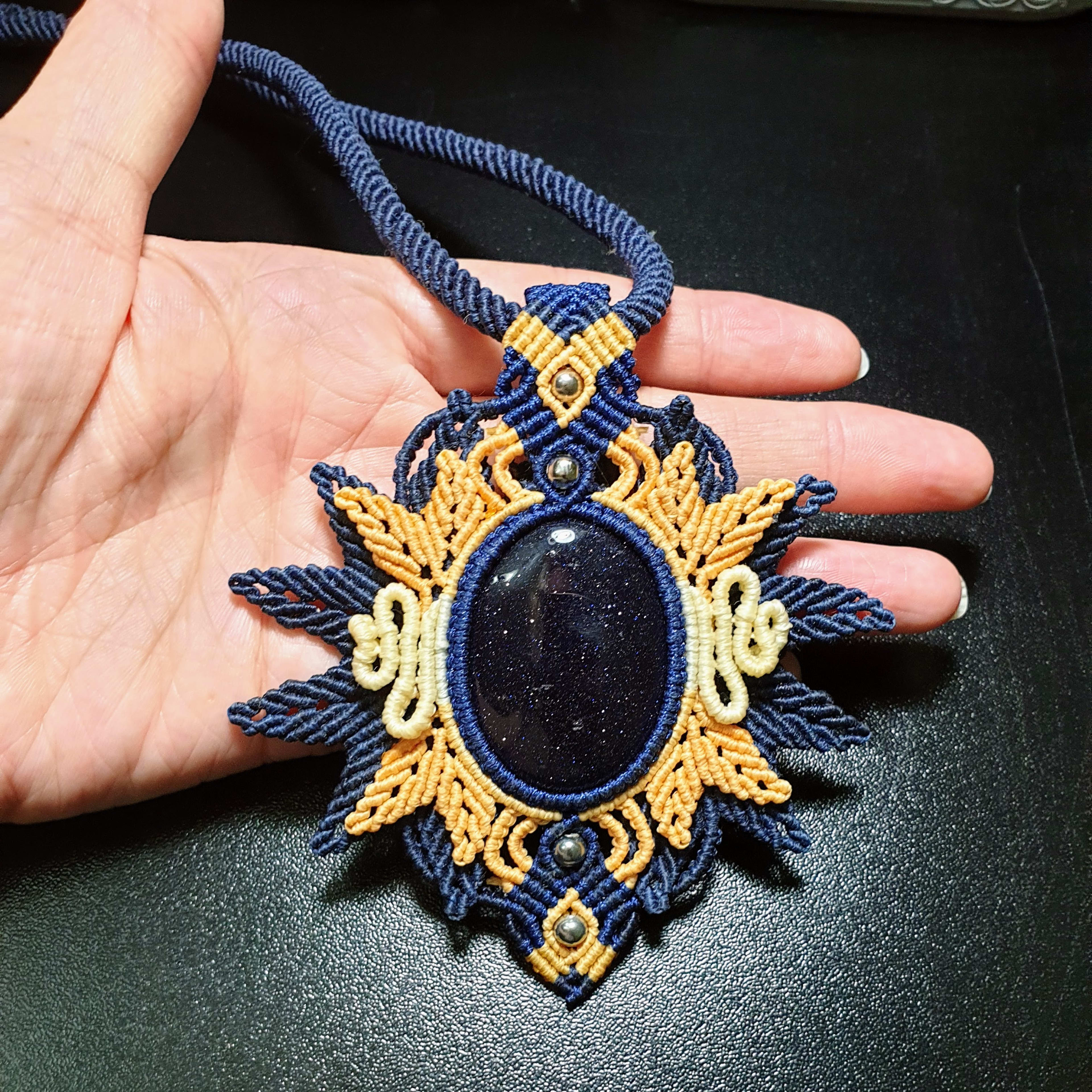 Boho Hippie Macrame Pendant Necklace with Blue Goldstone - Handmade Macrame Jewelry