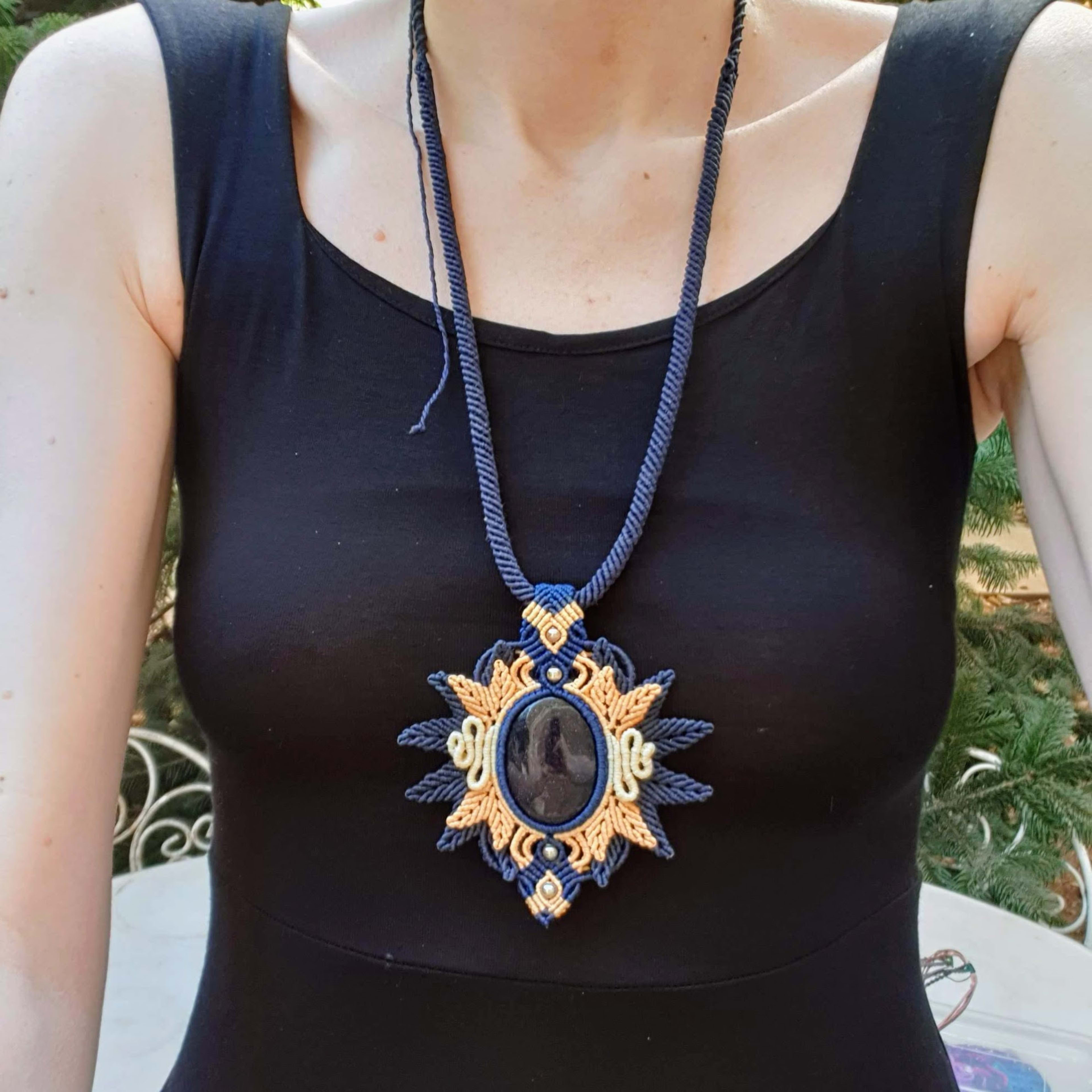 Boho Hippie Macrame Pendant Necklace with Blue Goldstone - Handmade Macrame Jewelry