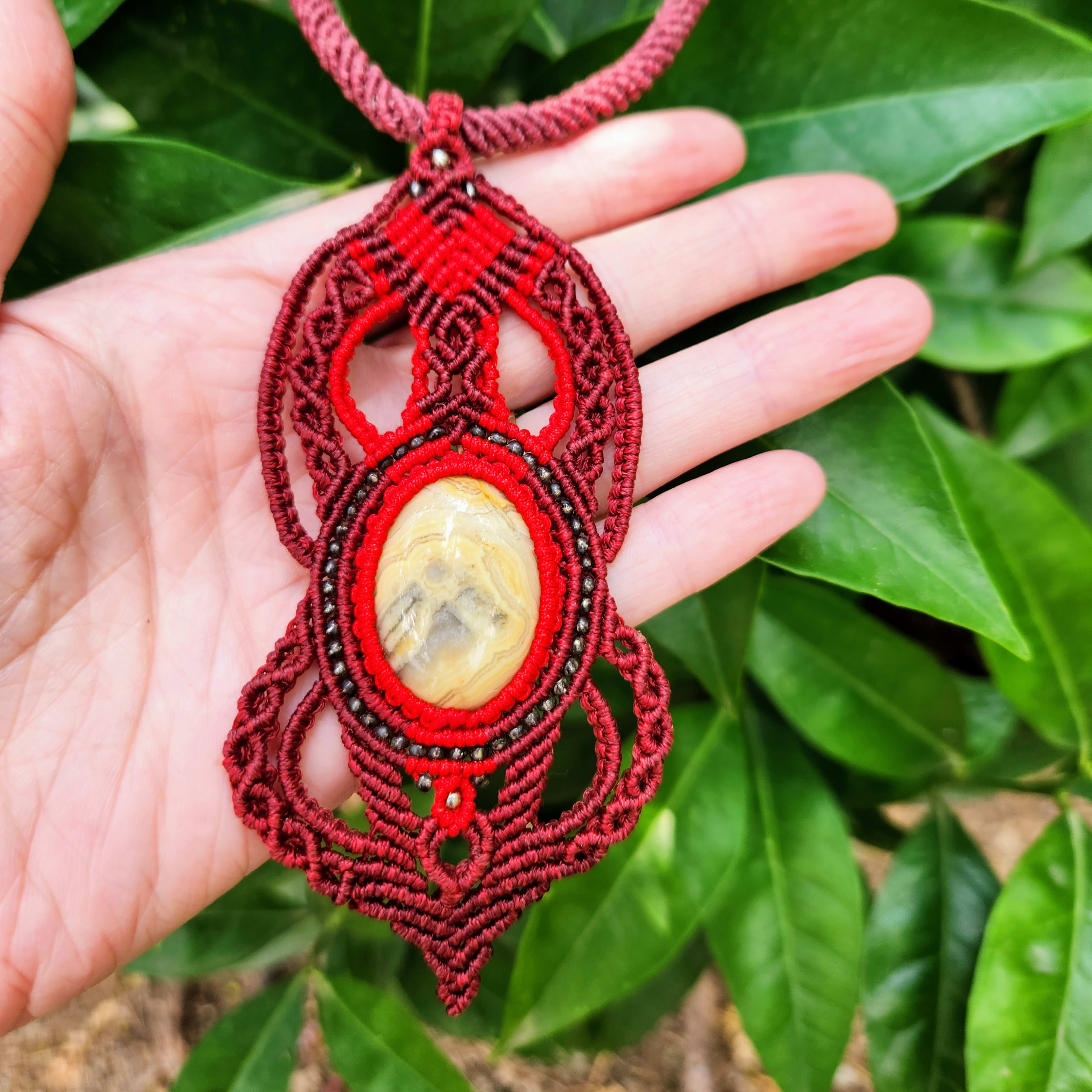 Dark Red Macrame Pendant Necklace: Crazy Lace Agate Stone, Boho Hippie Jewelry