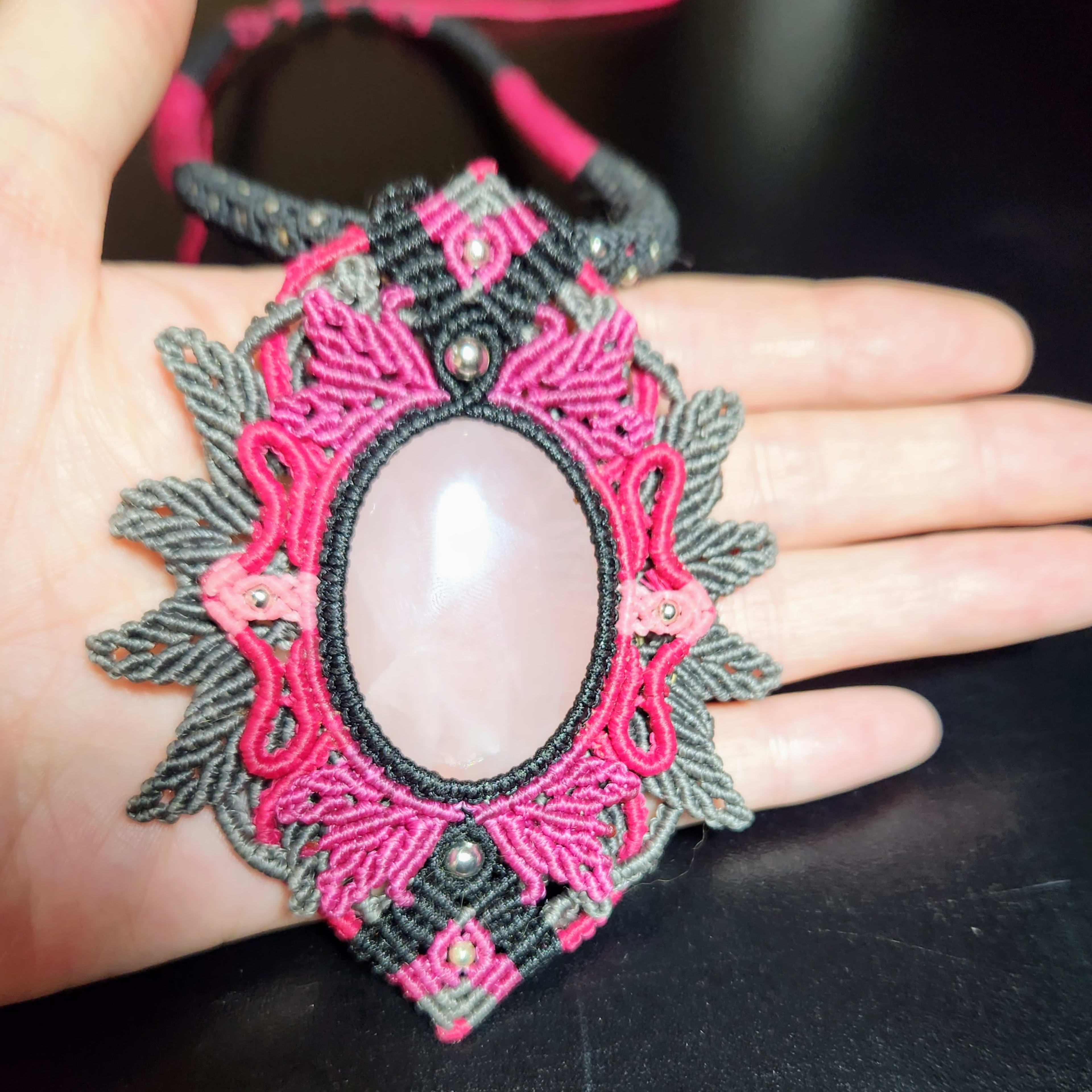Elegance Defined: Rose Quartz Macrame Pendant Necklace. Pink and Gray with a unique tube style necklace.
