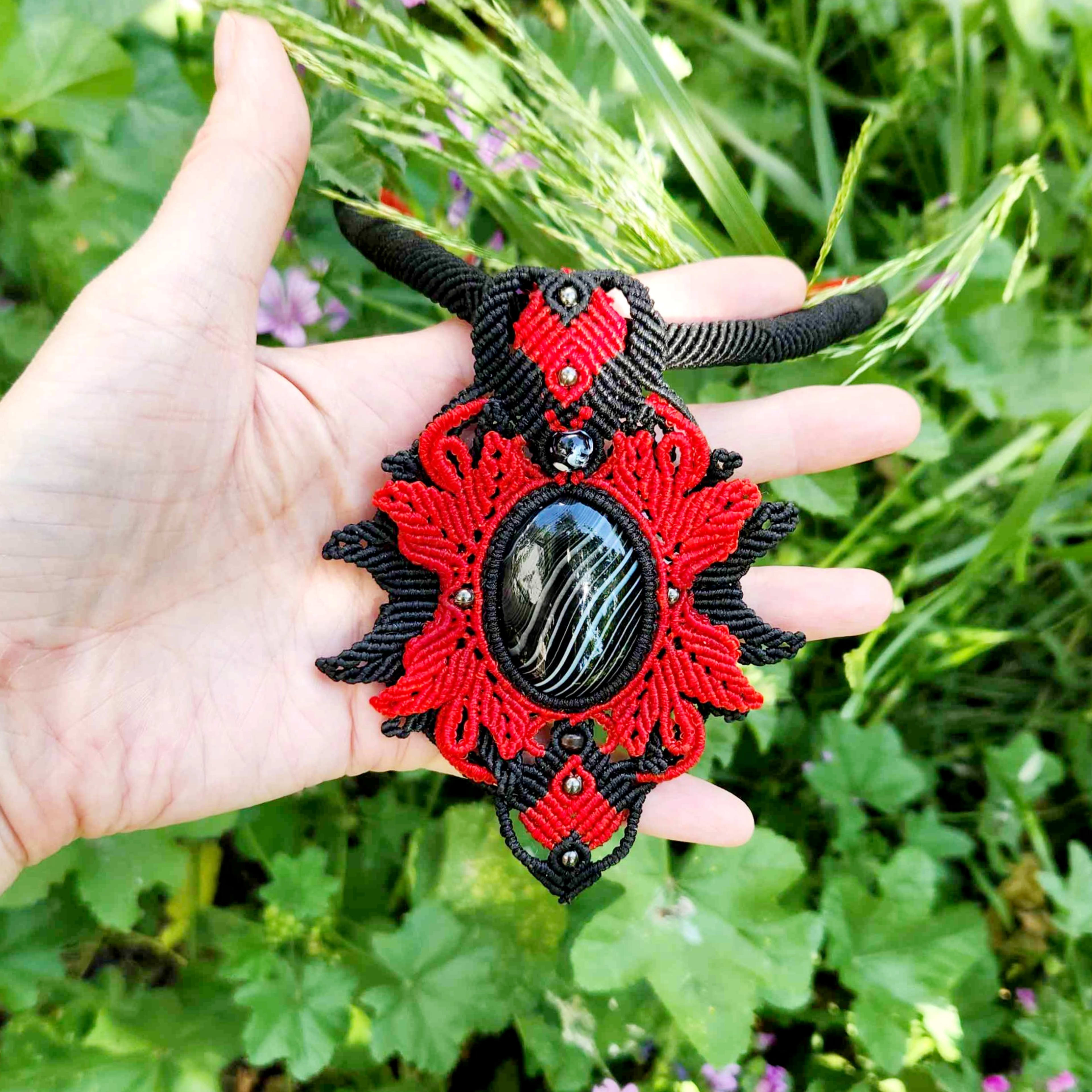 Extra Long Red & Black Macrame Necklace with Striped Onyx | Statement Macrame Jewelry