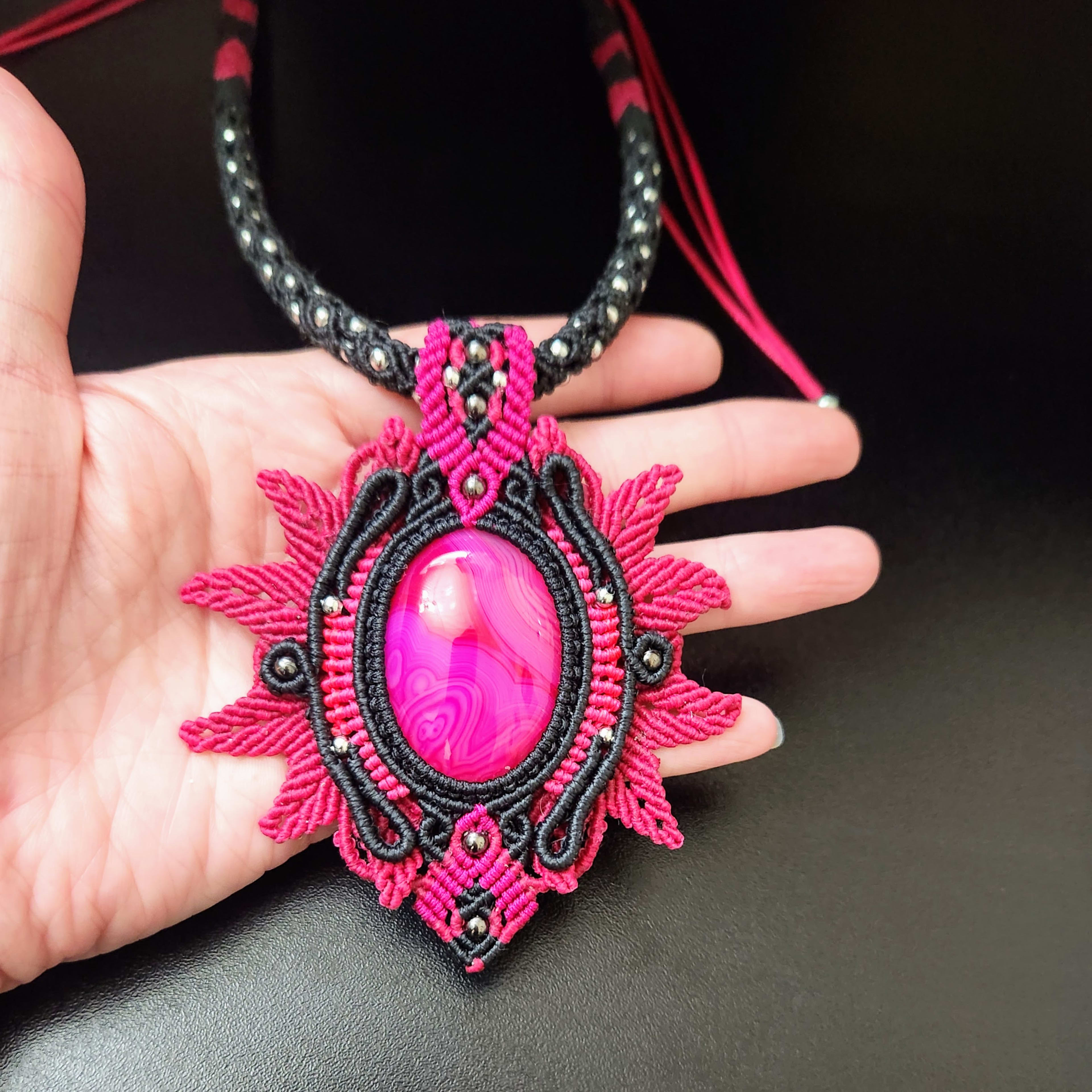 Glamorous Macrame Pendant Necklace in Black and Pink - with a Dyed Pink Onyx Stone. Handmade Unique Gothic Jewelry.