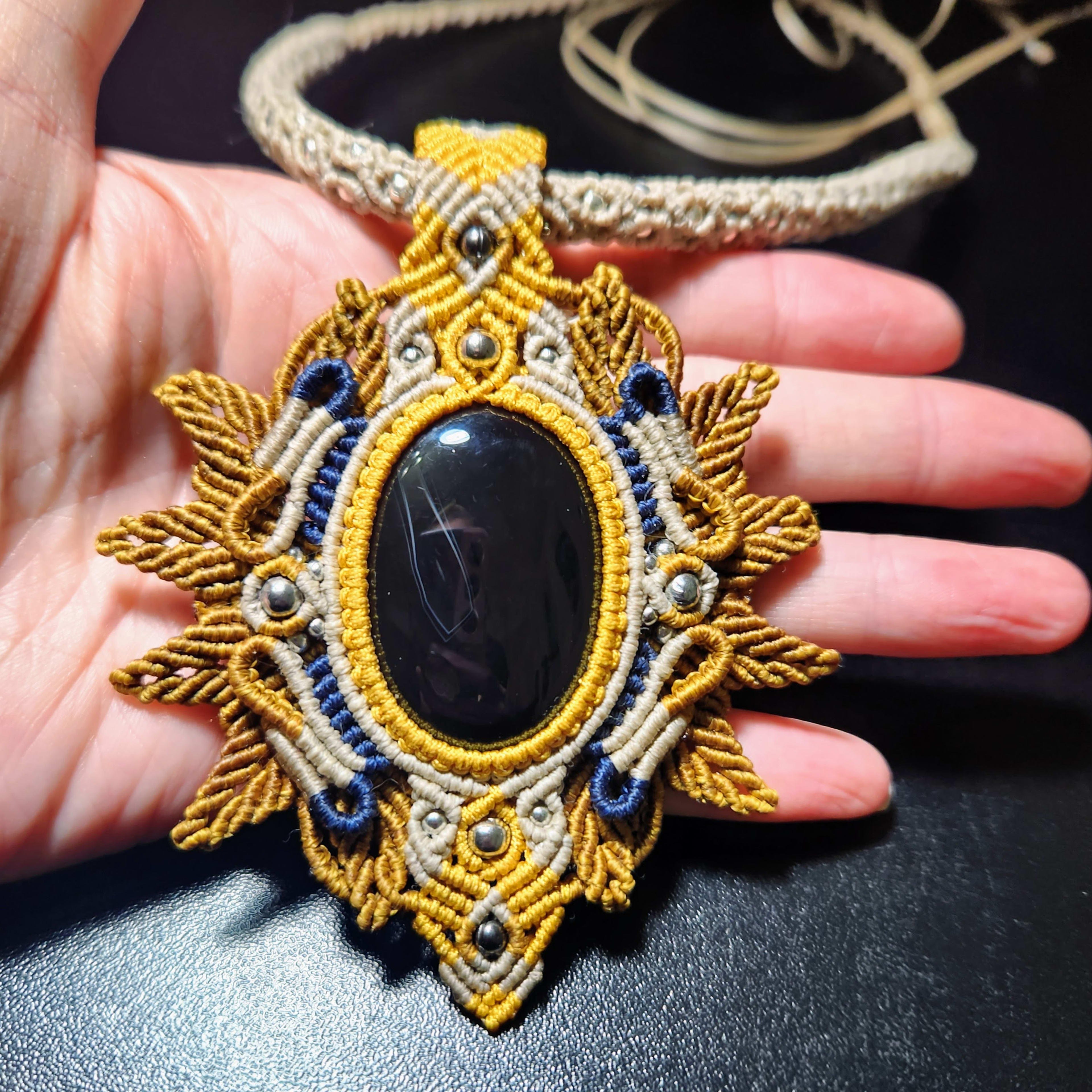 Golden Macrame Pendant Necklace with Jet Black Onyx Stone - Handmade Unique Jewelry.