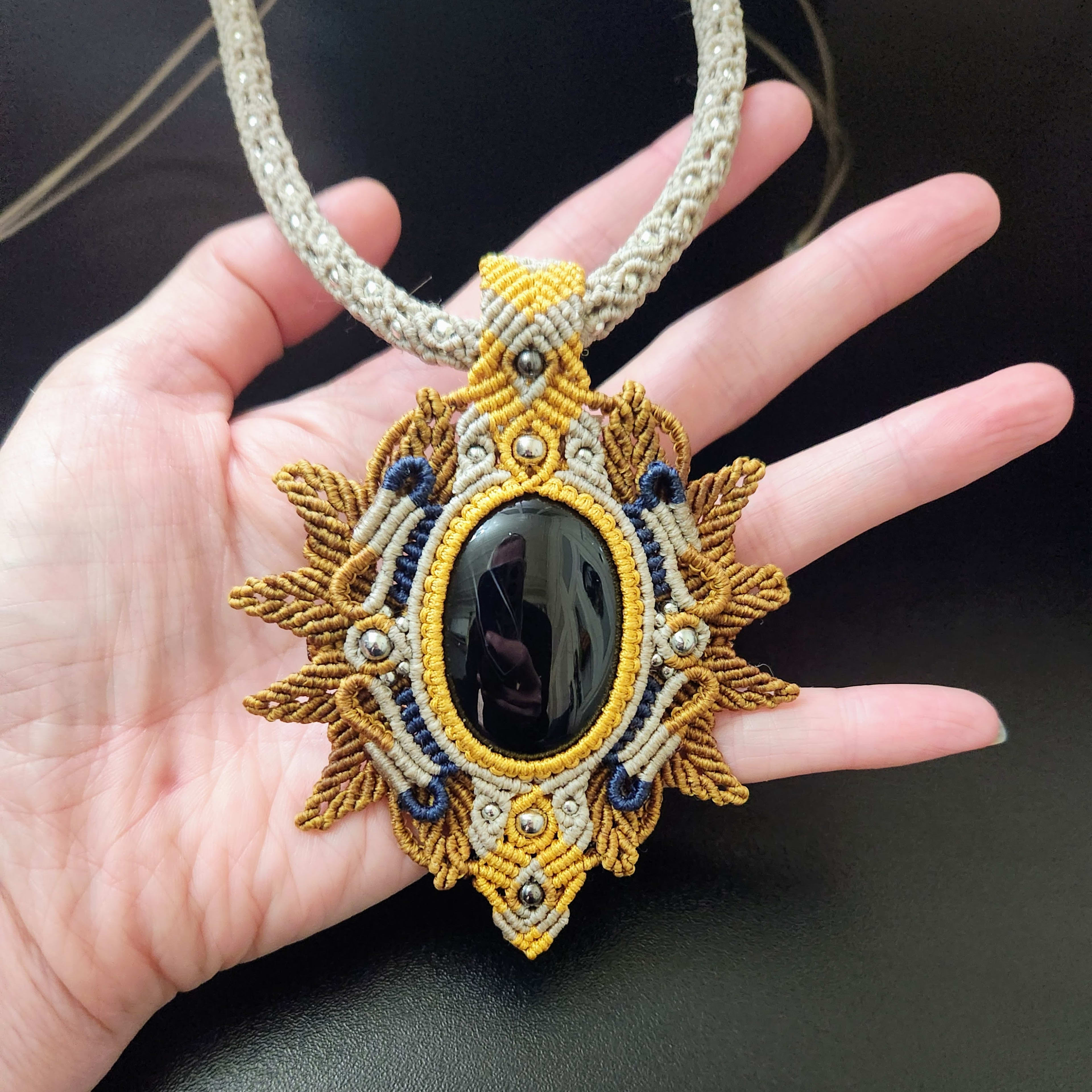 Golden Macrame Pendant Necklace with Jet Black Onyx Stone - Handmade Unique Jewelry.