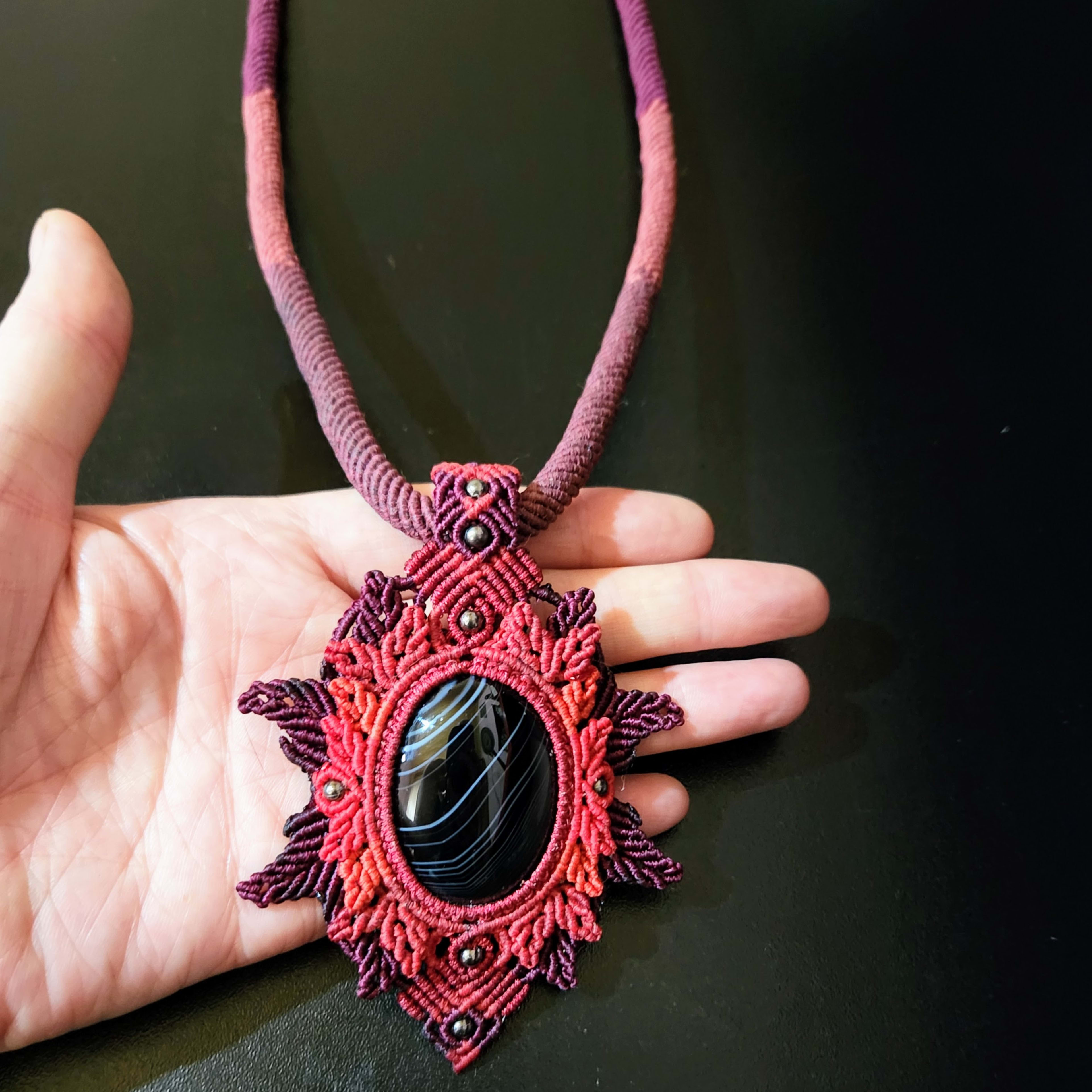 Hippie Chic: Striped Black Onyx Macrame Pendant Necklace. Long tube style Necklace.