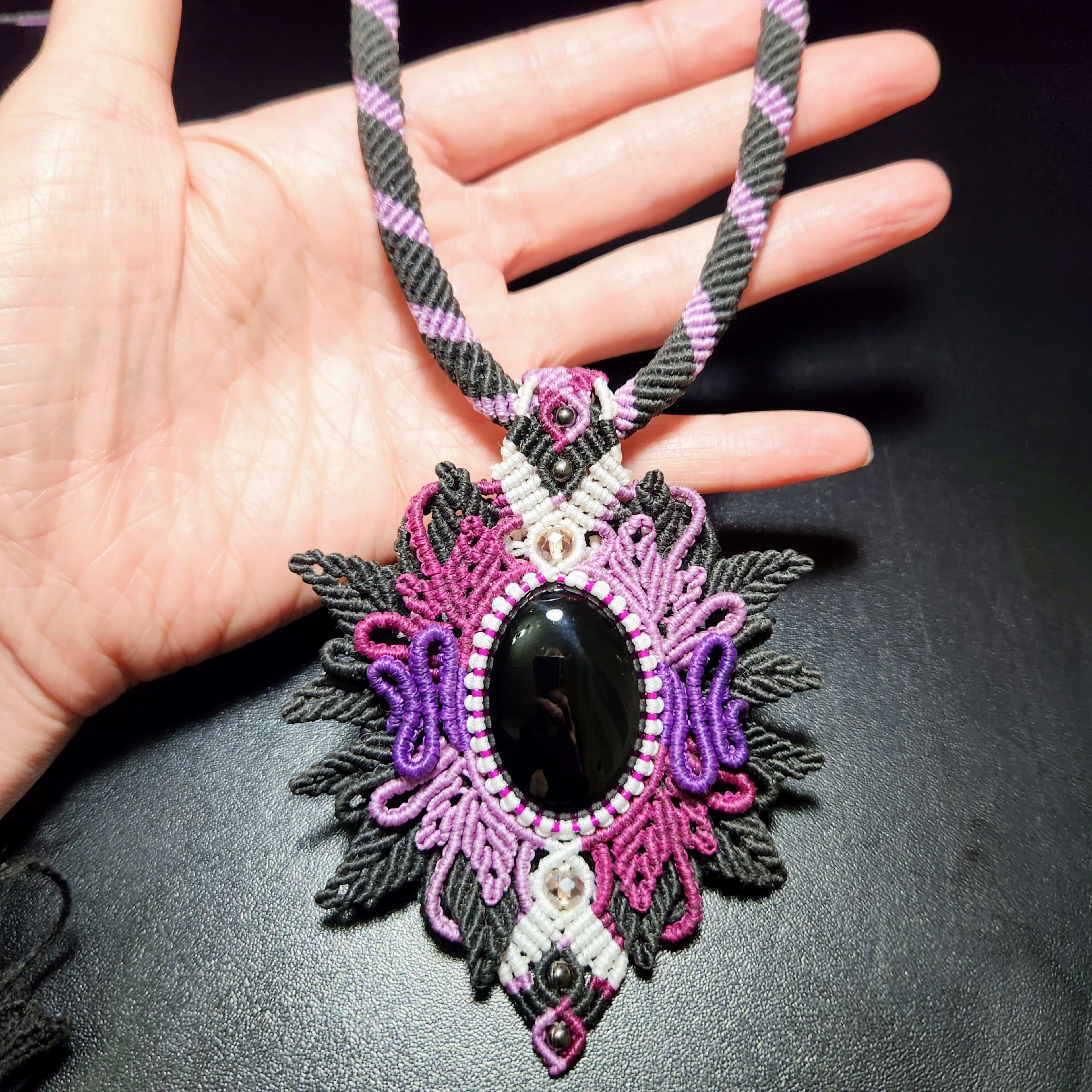 Hippie Chic: Striped Black Onyx Macrame Pendant Necklace. Long tube style Necklace.