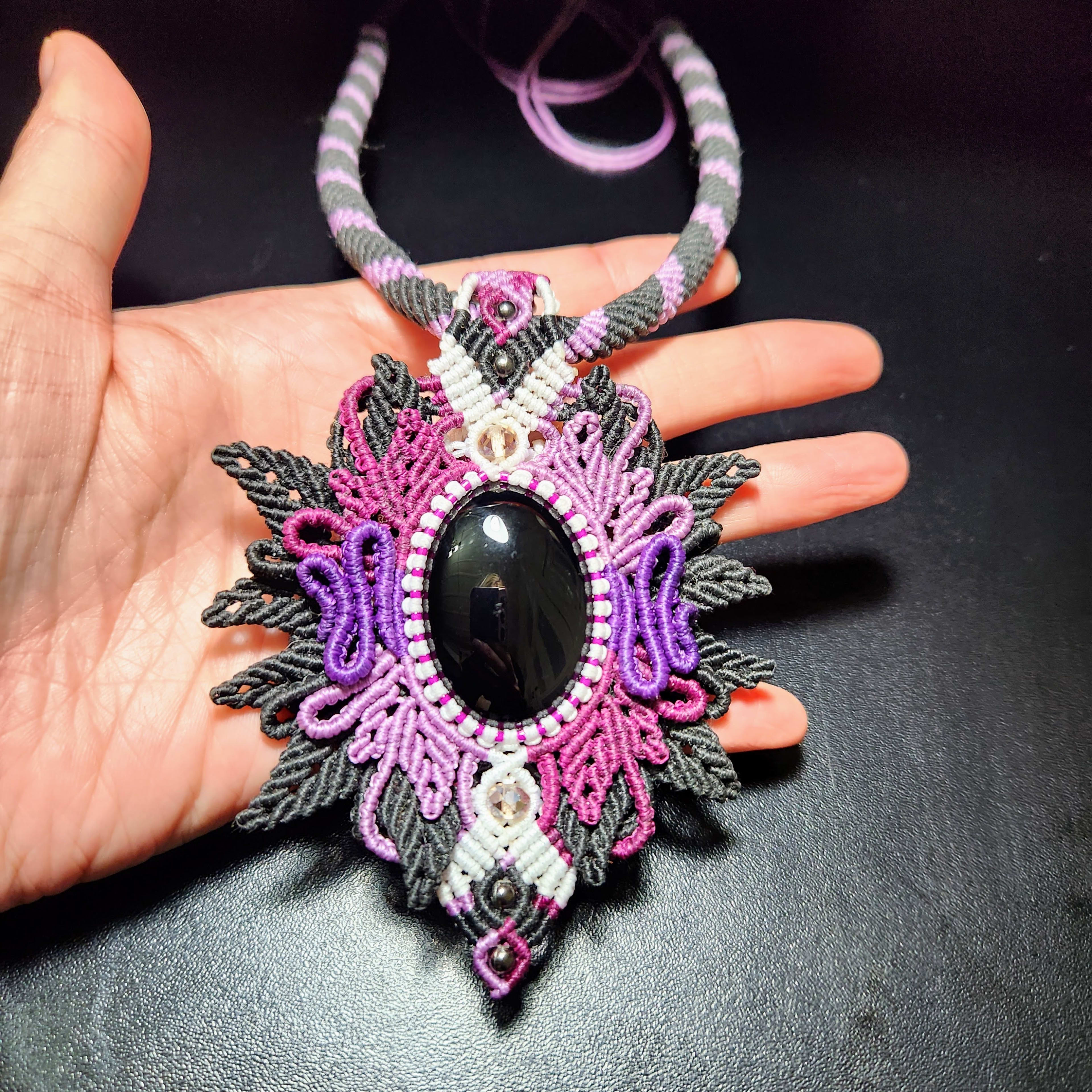 Macrame Jet Black Onyx Pendant Necklace: Boho Hippie Jewelry. Stand out with Purple blacks and white! 