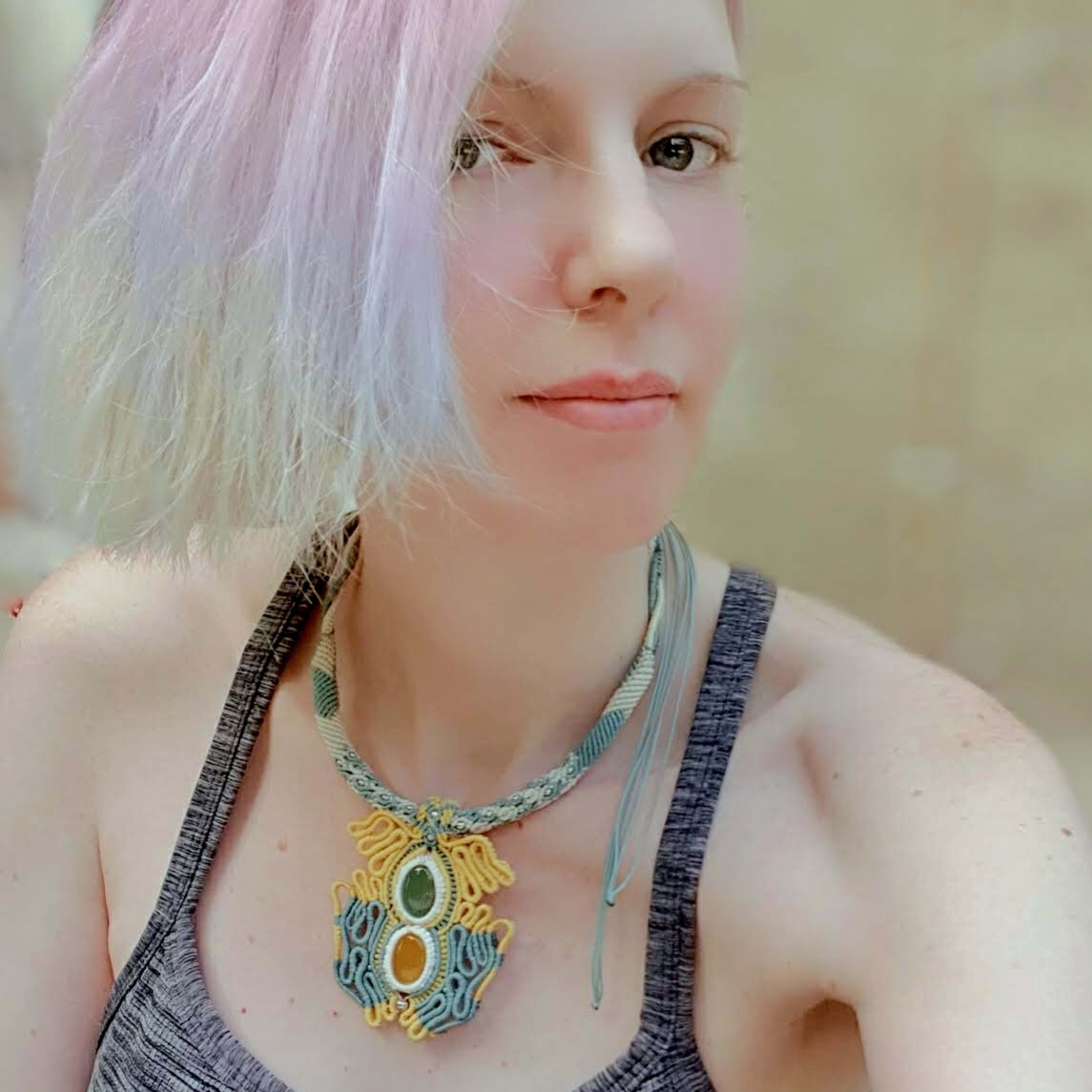 Macrame Pendant Necklace: Yellow Agate & Green Jadeite, Handmade Hippie Jewelry