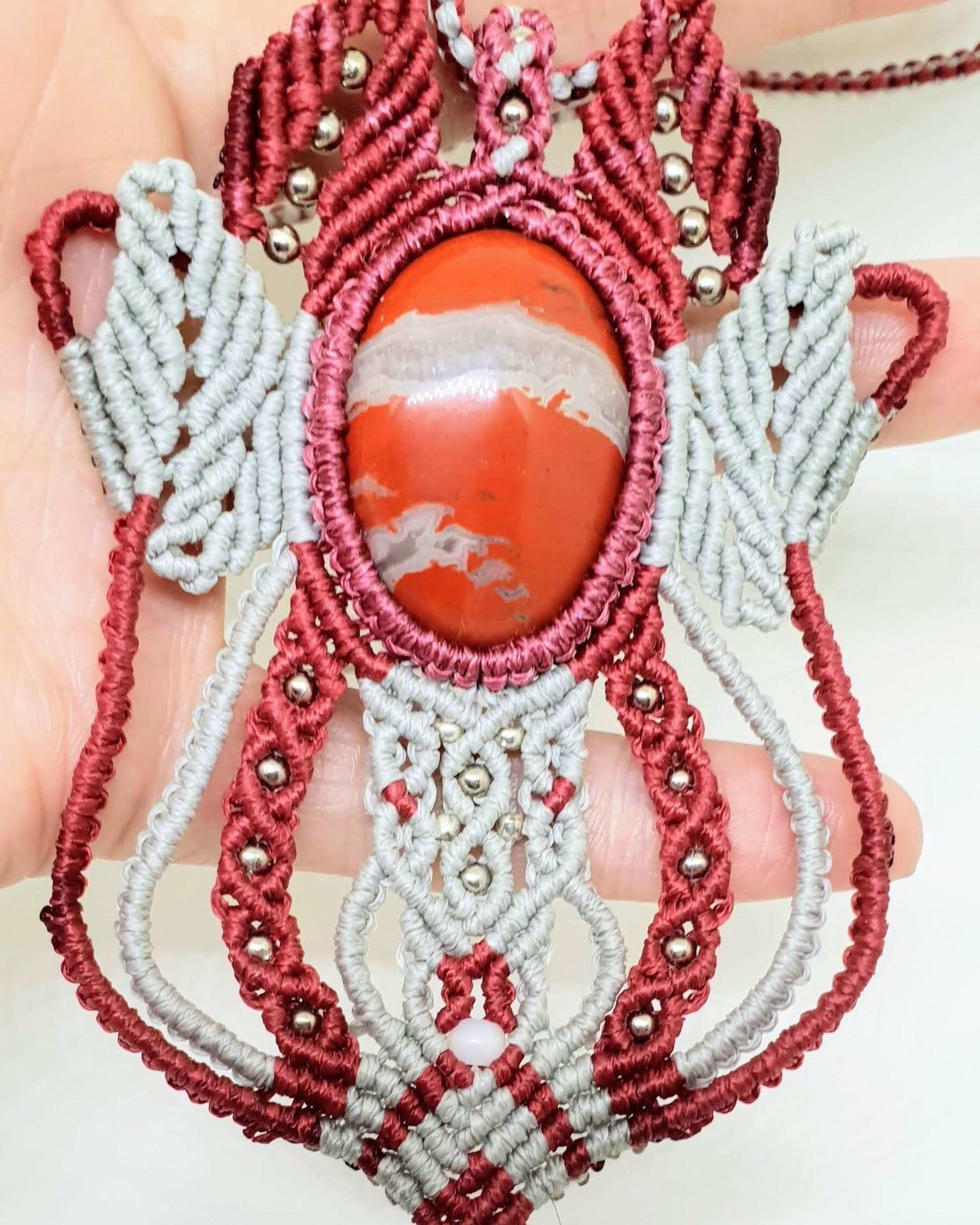 Red Banded Jasper Macrame Pendant Necklace - Handmade Crystal Jewelry