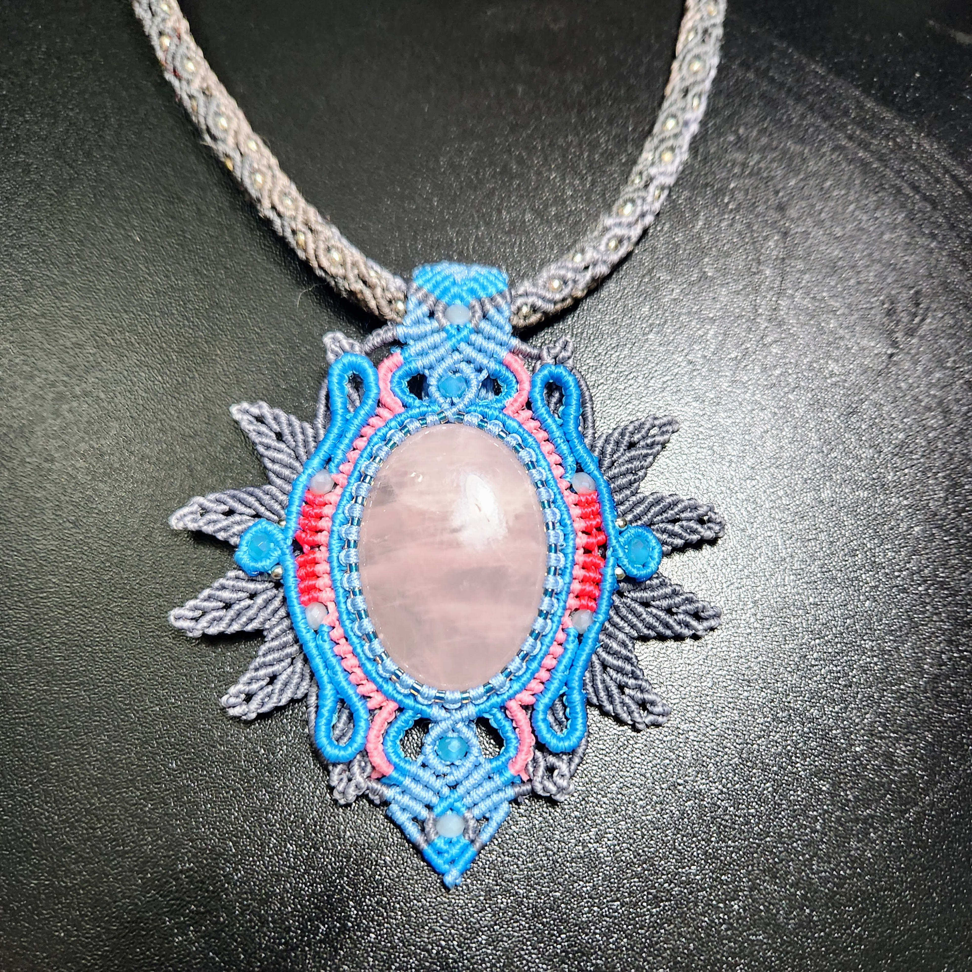 Rose Quartz Macrame Pendant Necklace - Handmade Hippie Crystal Jewelry with Boho Vibes