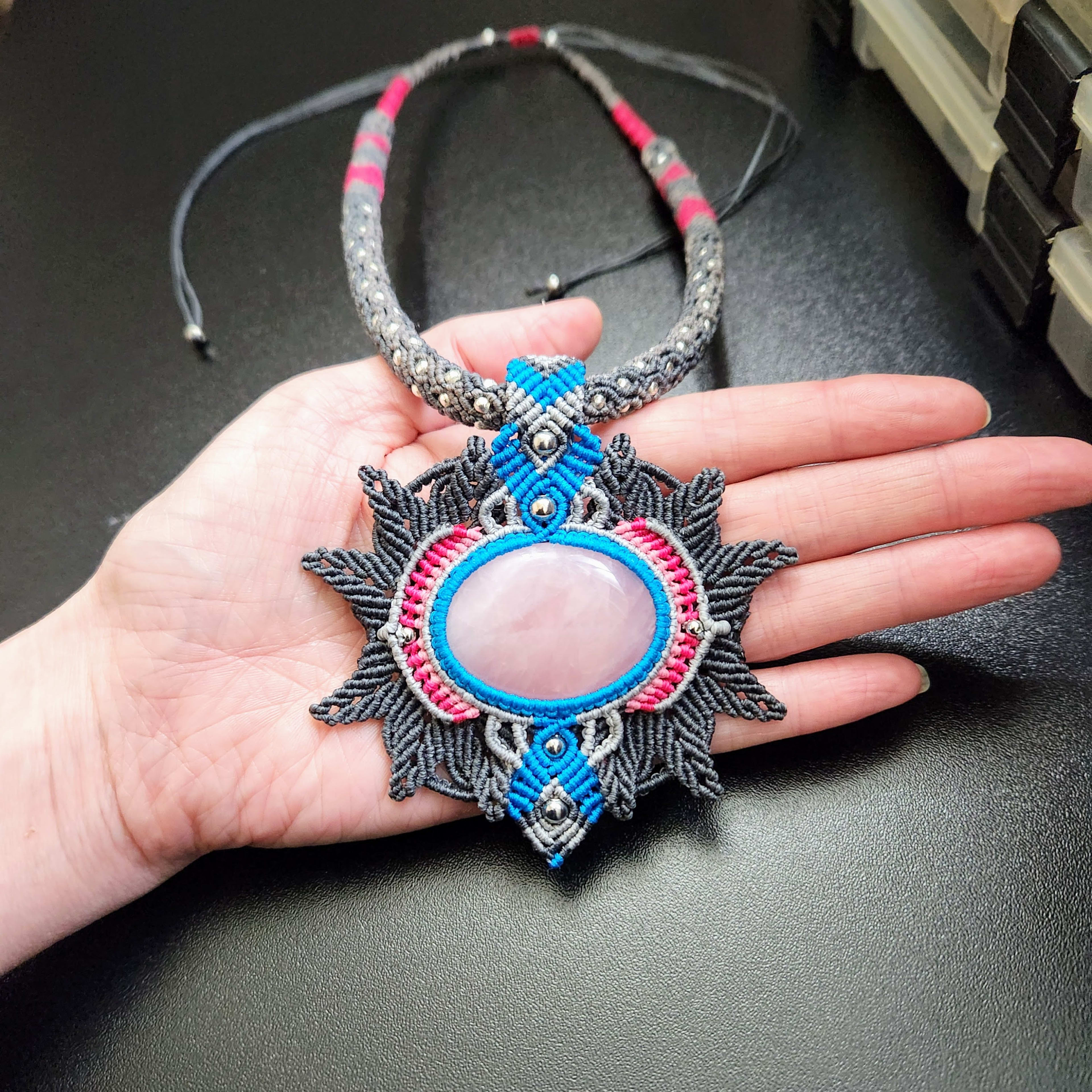 Rose Quartz Macrame Pendant Necklace: Gray, Blue & Pink Boho Jewelry