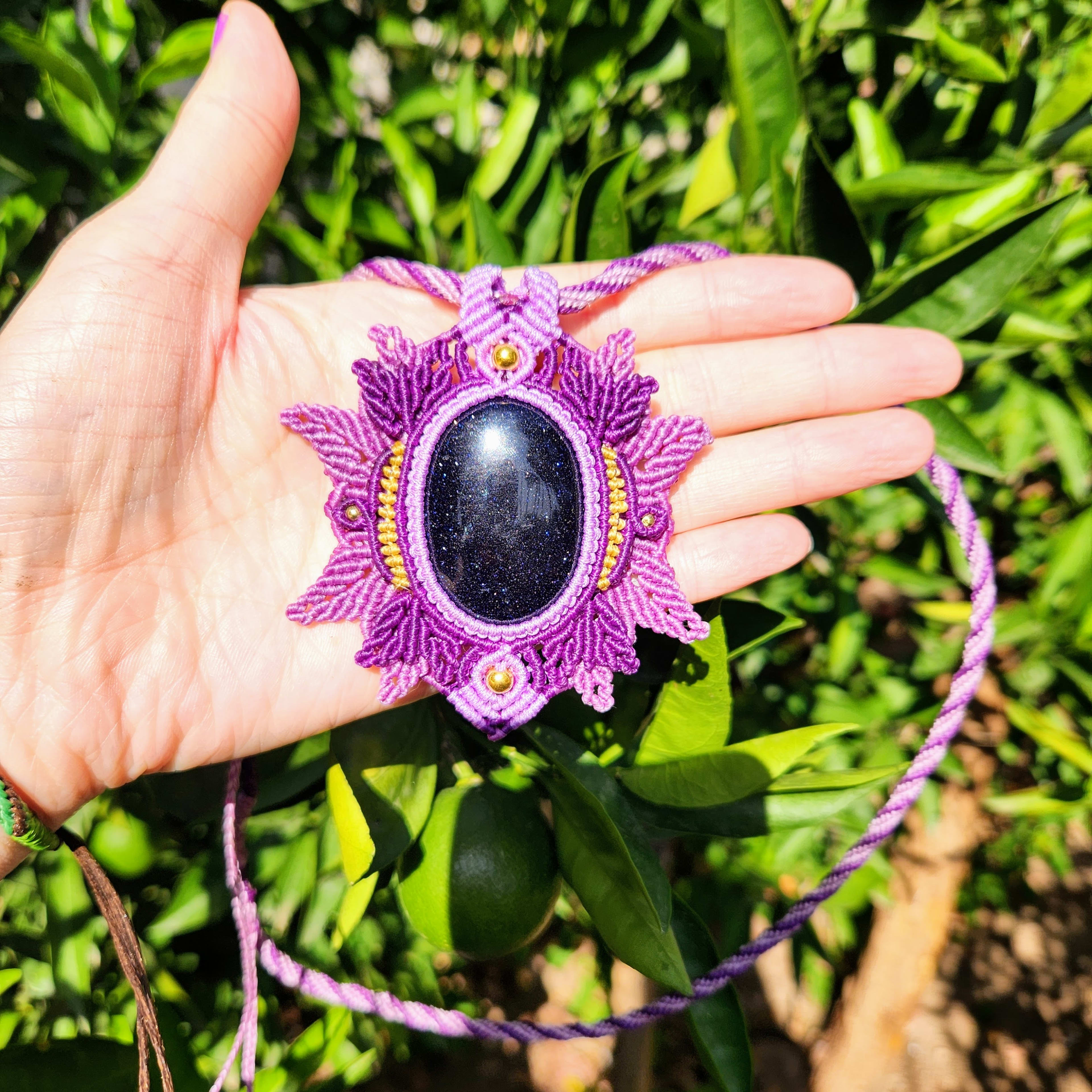 Starry Night Macrame Pendant Necklace with Blue Gold Stone- Purple and Golden Colors