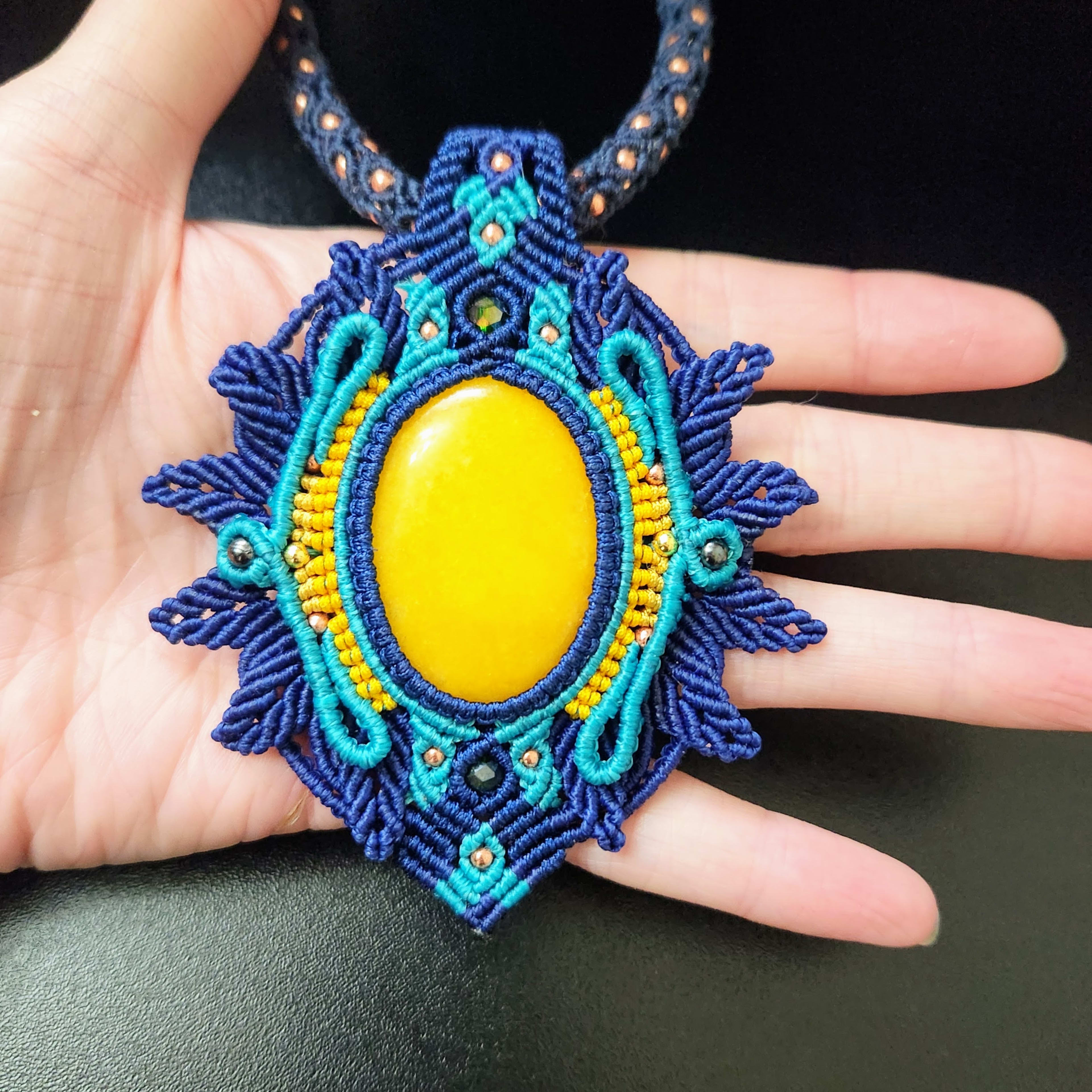 Yellow Onyx Macrame Pendant Necklace: Blue Turquoise OOAK Jewelry!
