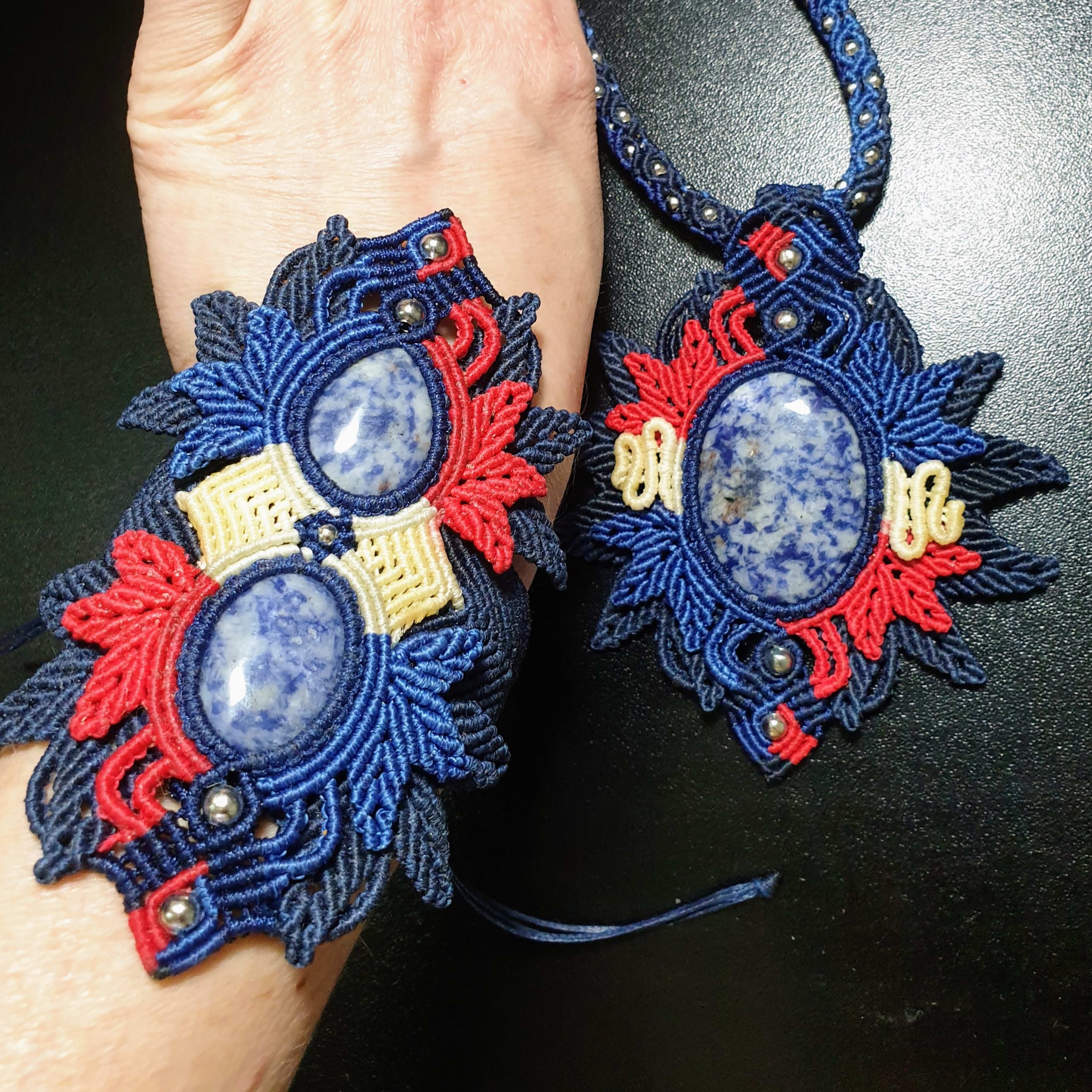Macrame Jasper Jewelry Set Red, White & Blue Necklace,and Cuff Bracelet Arm Cuff