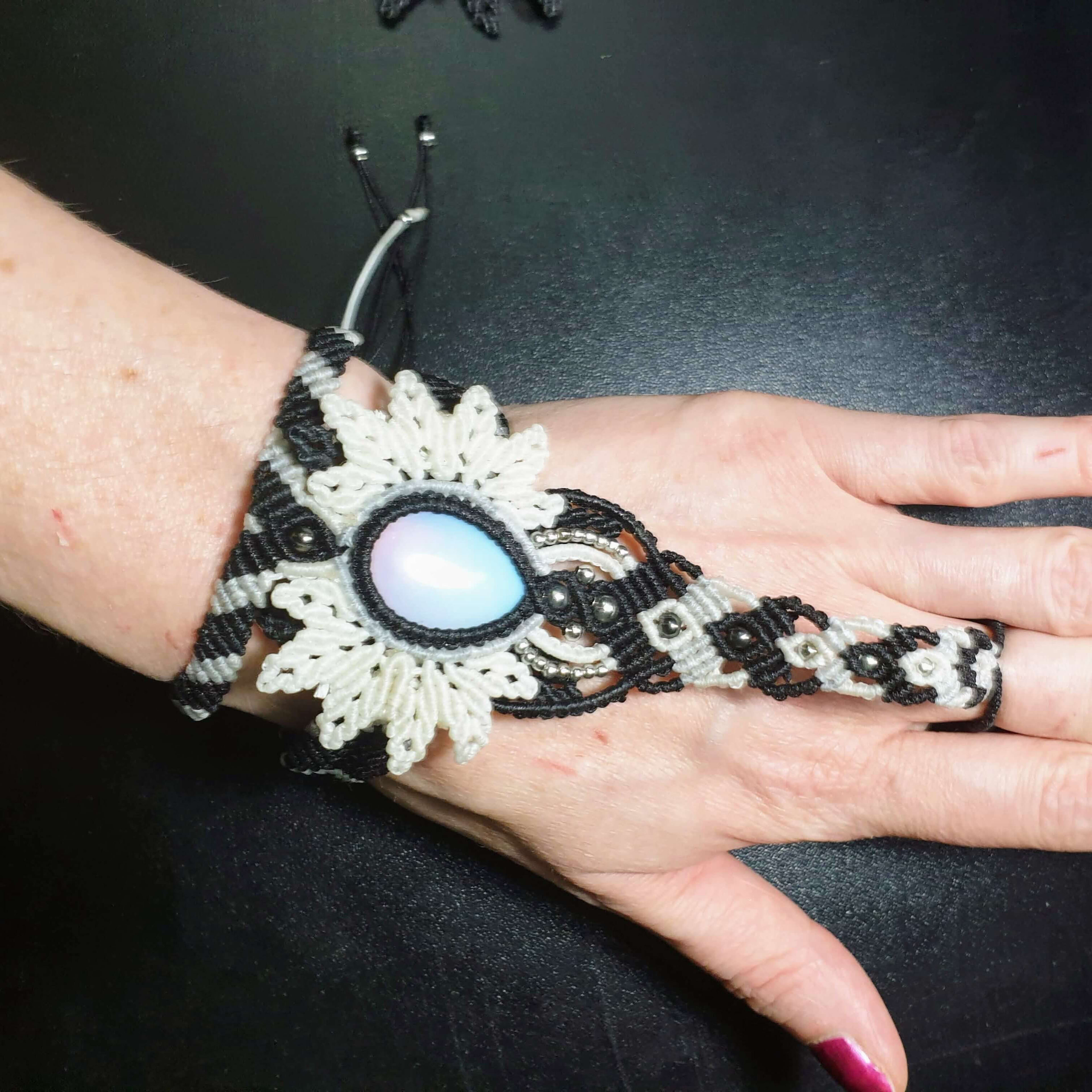 White Moonstone Macrame Jewelry Set Black and White Pendant Necklace and Matching Slave Bracelet