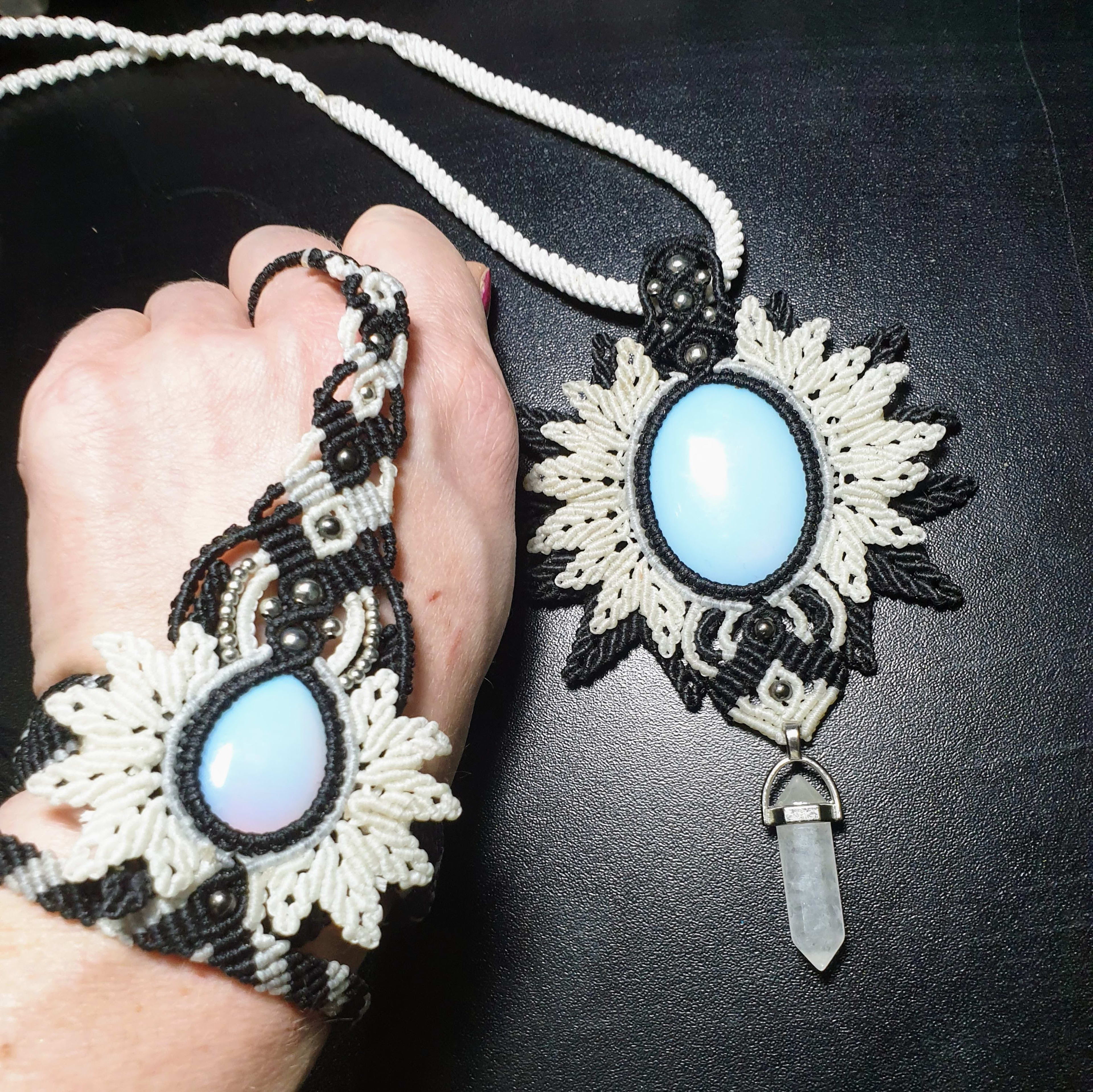 White Moonstone Macrame Jewelry Set Black and White Pendant Necklace and Matching Slave Bracelet
