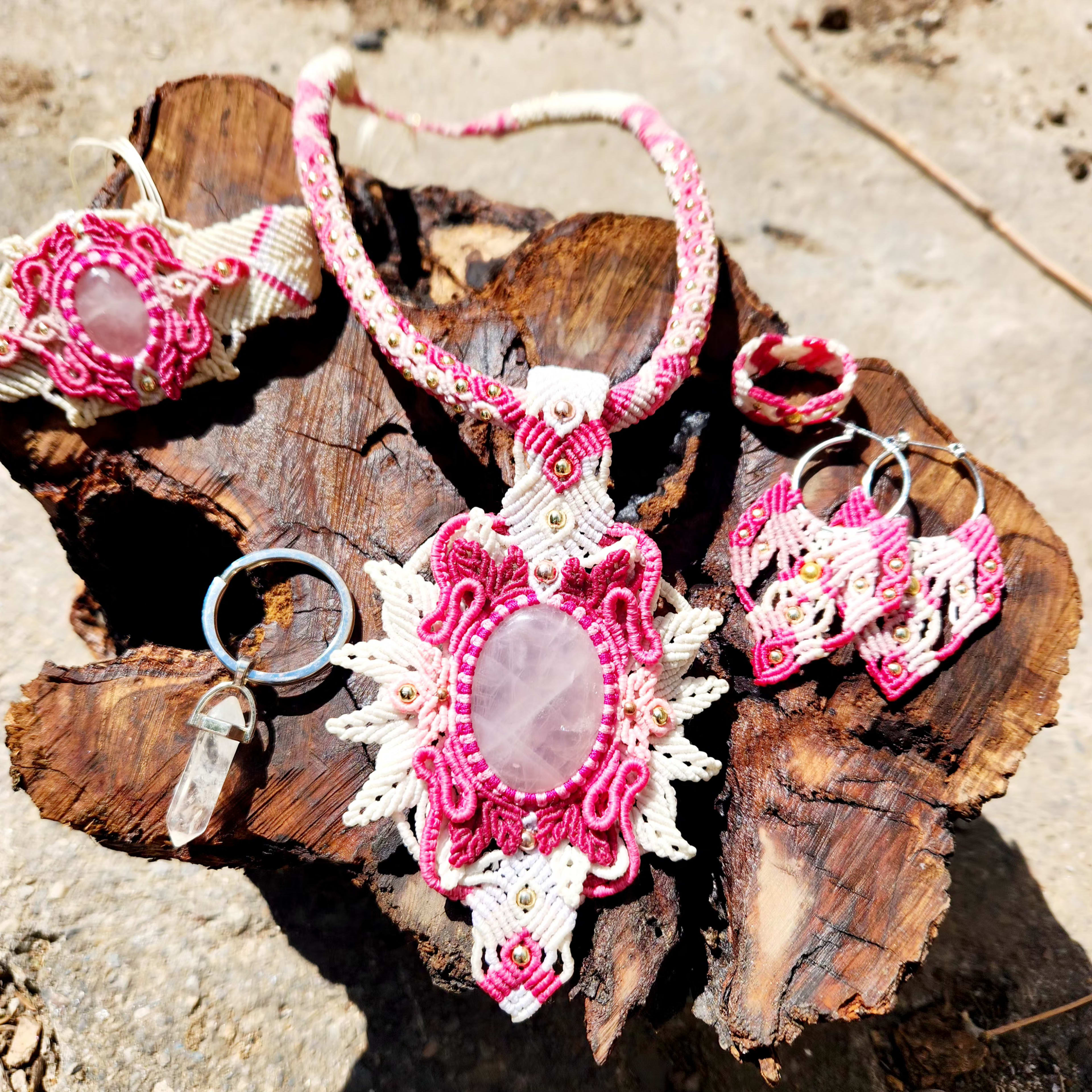 Rose Quartz Macrame Jewelry Set  Pink White Boho Hippie Necklace Bracelet Earrings Ring Keychain