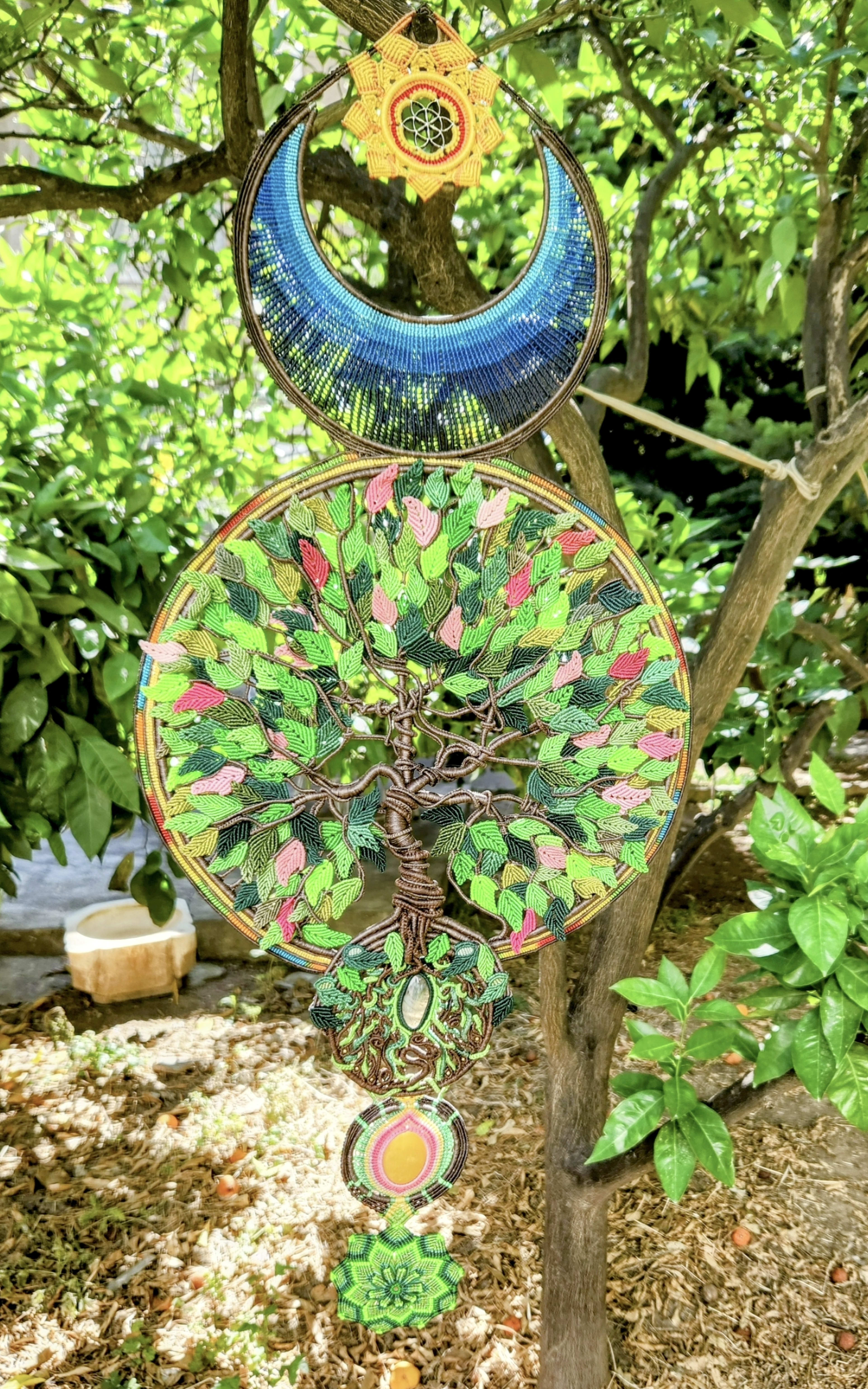 Tree of Life Wall Hanging Micro Macrame  with Labradorite Stone, and Dyed Yellow Onyx Stone, with a Mandala base Celestial Art Home Decor