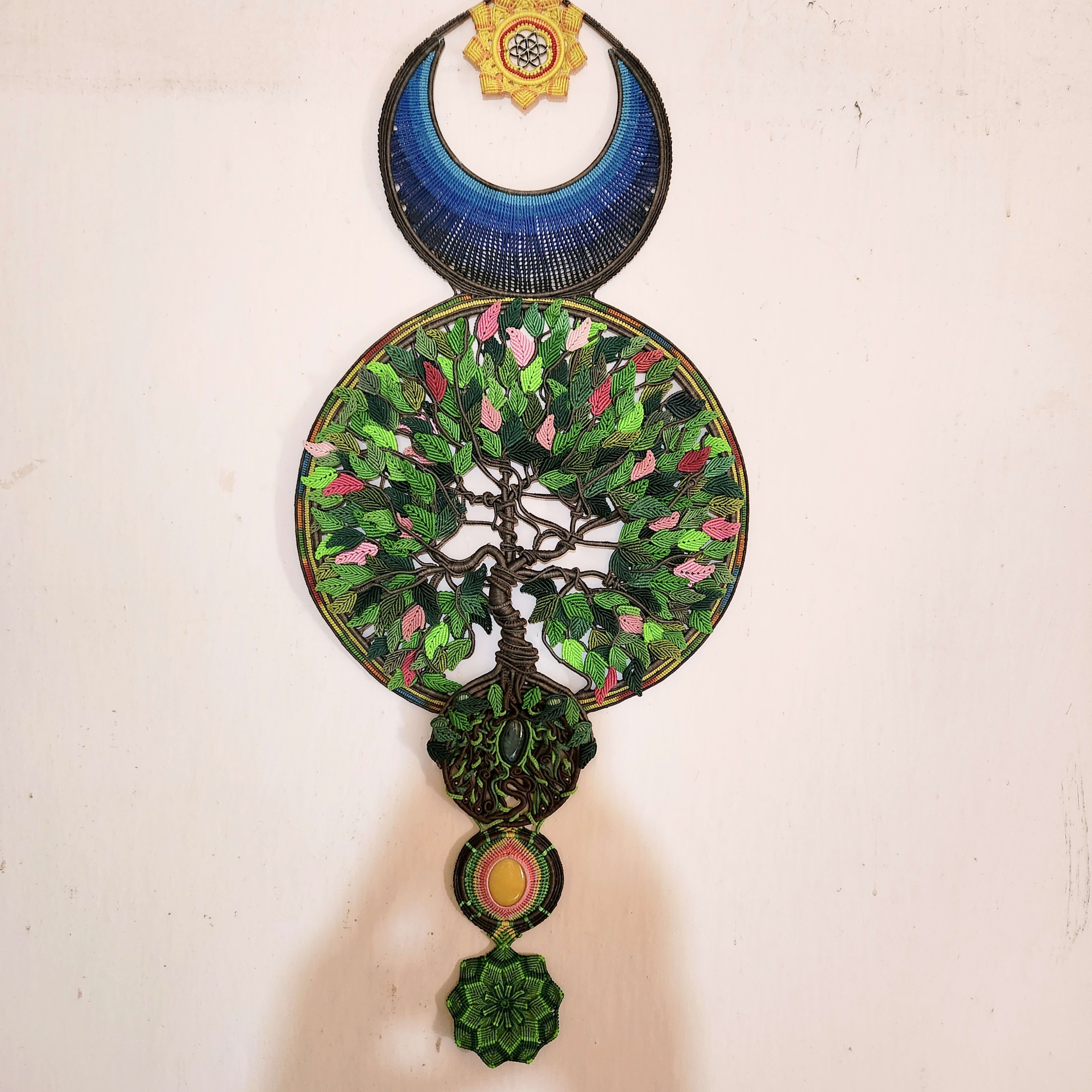 Tree of Life Wall Hanging Micro Macrame  with Labradorite Stone, and Dyed Yellow Onyx Stone, with a Mandala base Celestial Art Home Decor