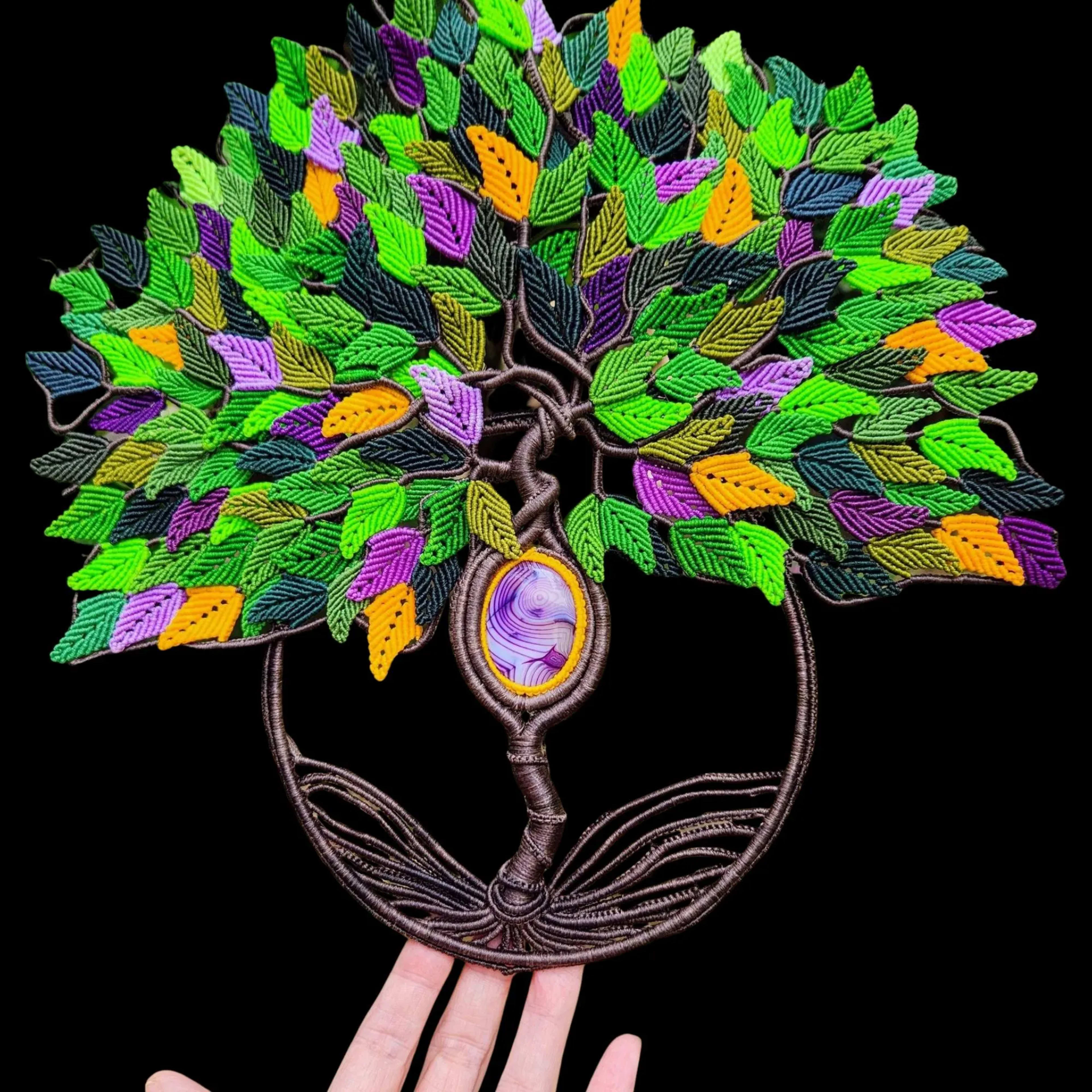Macrame Tree of Life Wall Hanging Purple Agate Green Yellow Purple Leaves Boho Home Decor