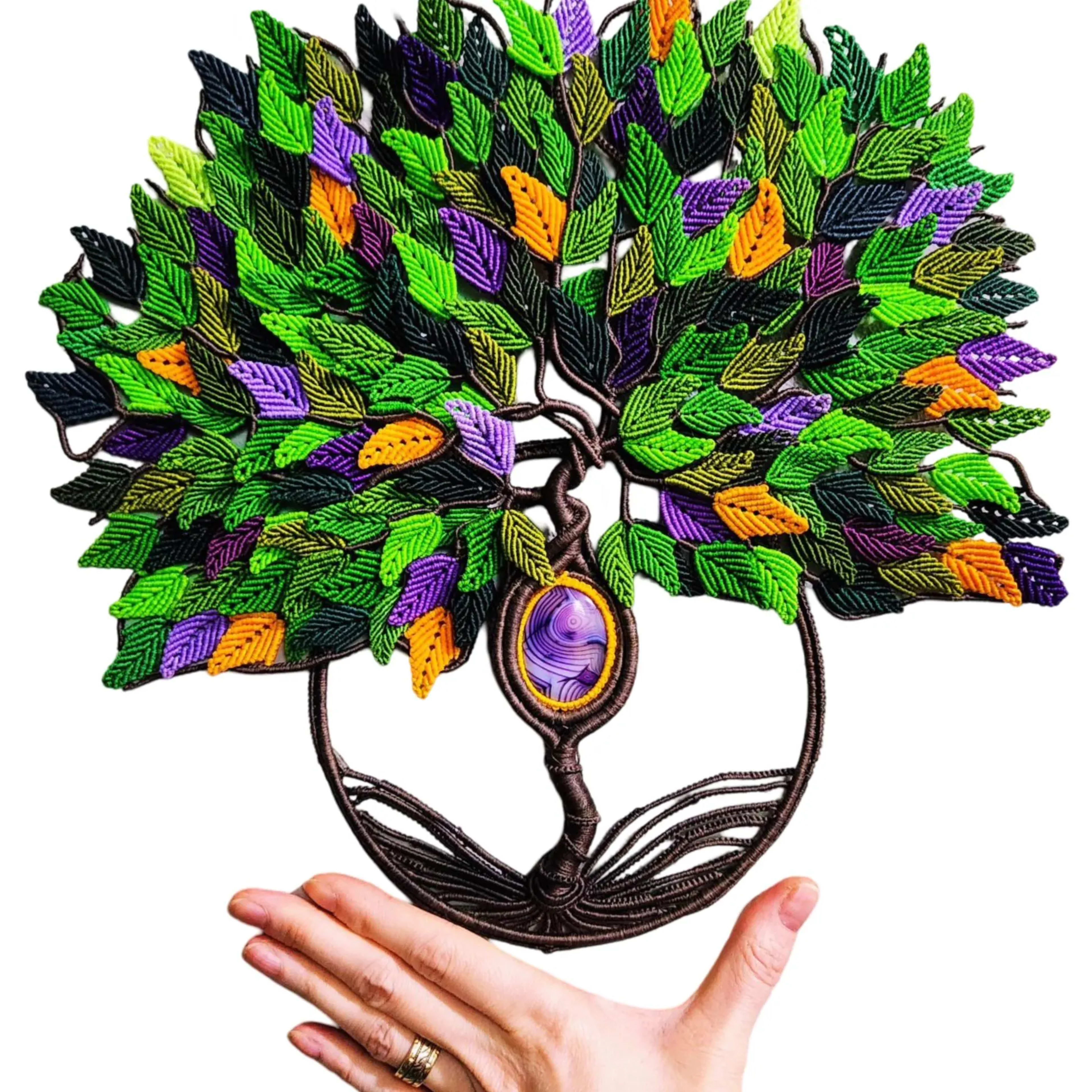 Macrame Tree of Life Wall Hanging Purple Agate Green Yellow Purple Leaves Boho Home Decor