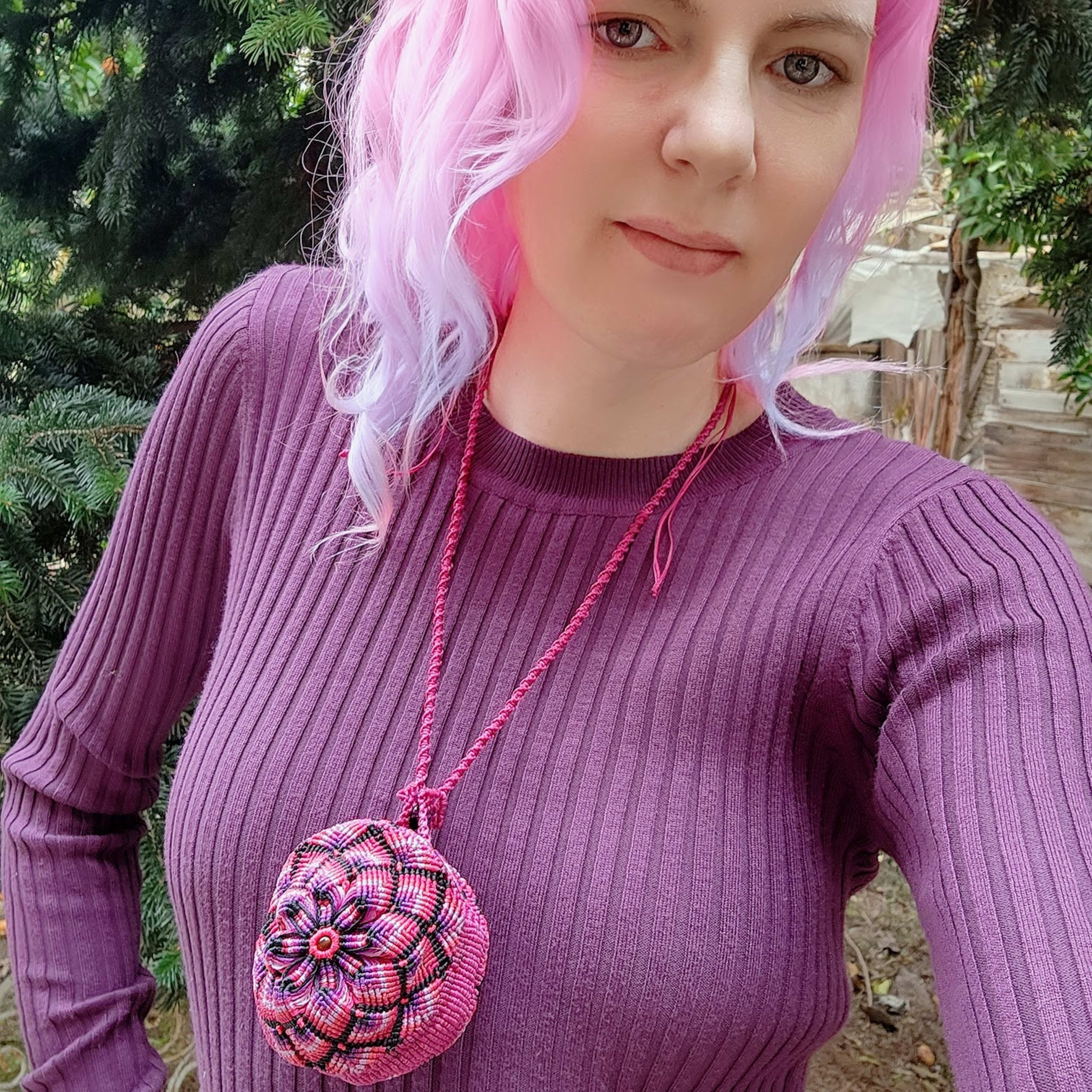 Macrame Pouch Necklace with Mandala Pattern Hippie Boho Vibes, Pink, Purple, and Black