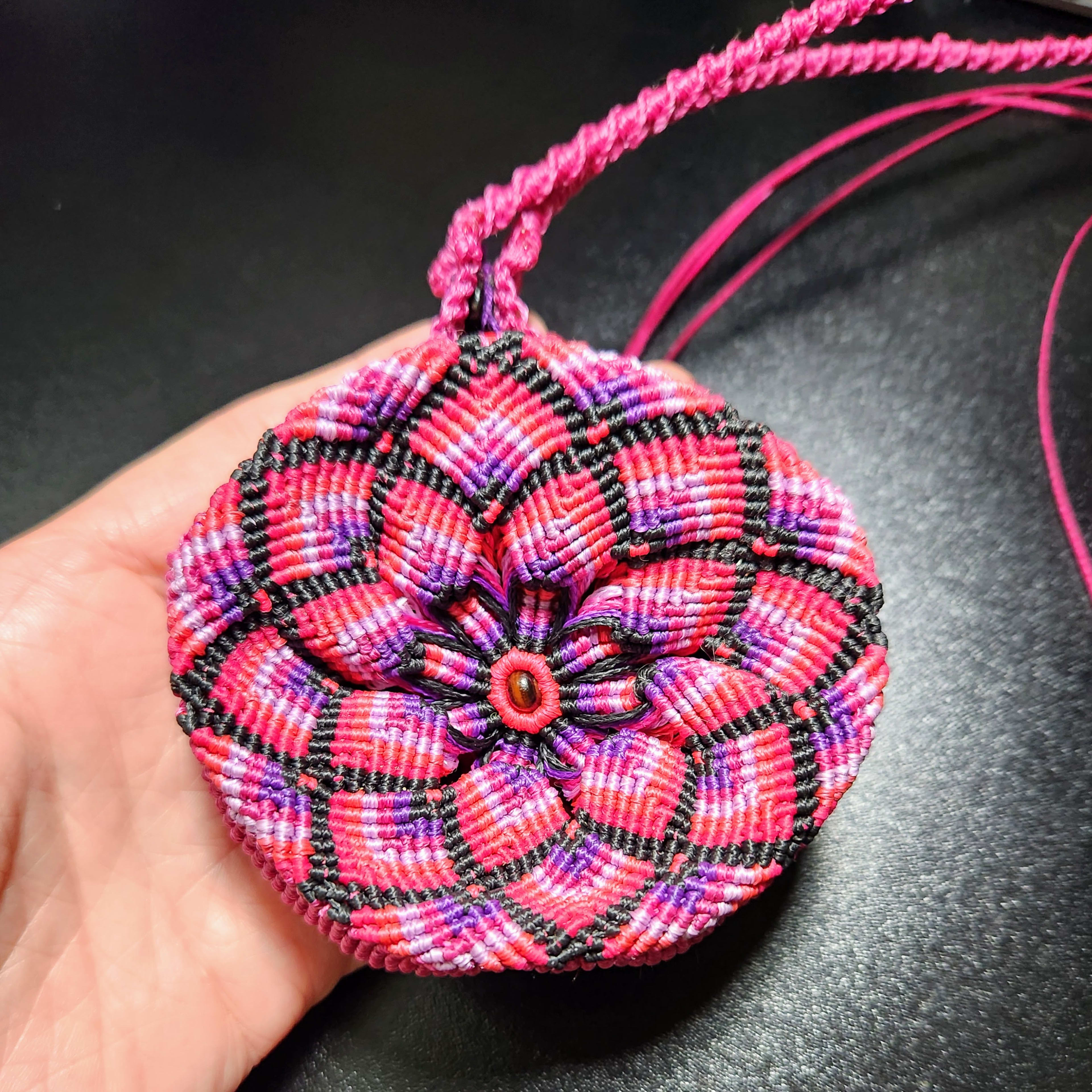 Macrame Pouch Necklace with Mandala Pattern Hippie Boho Vibes, Pink, Purple, and Black
