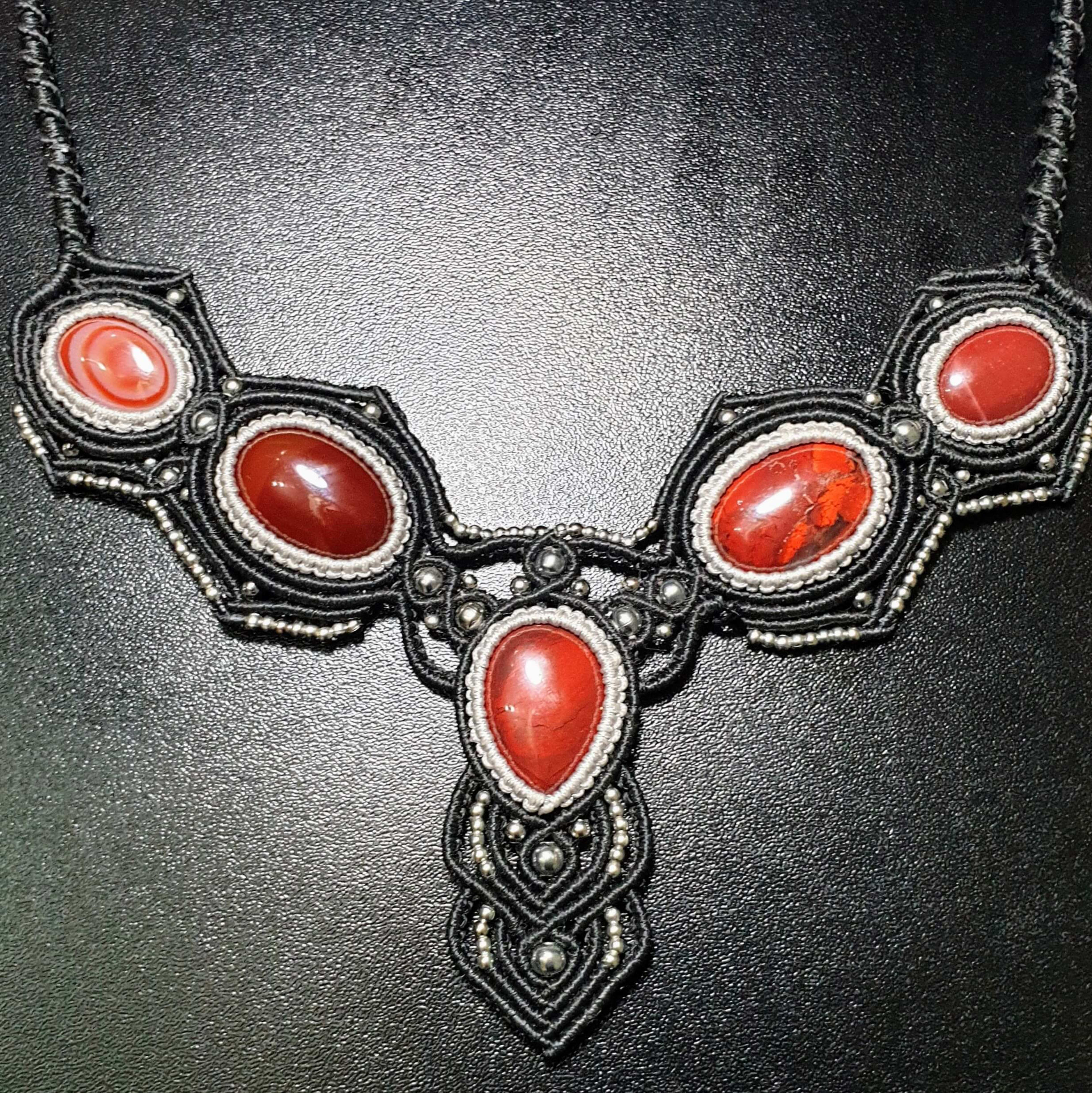 Princess Style Macrame Necklace with Red Jade Stones  Handmade Elegant Jewelry