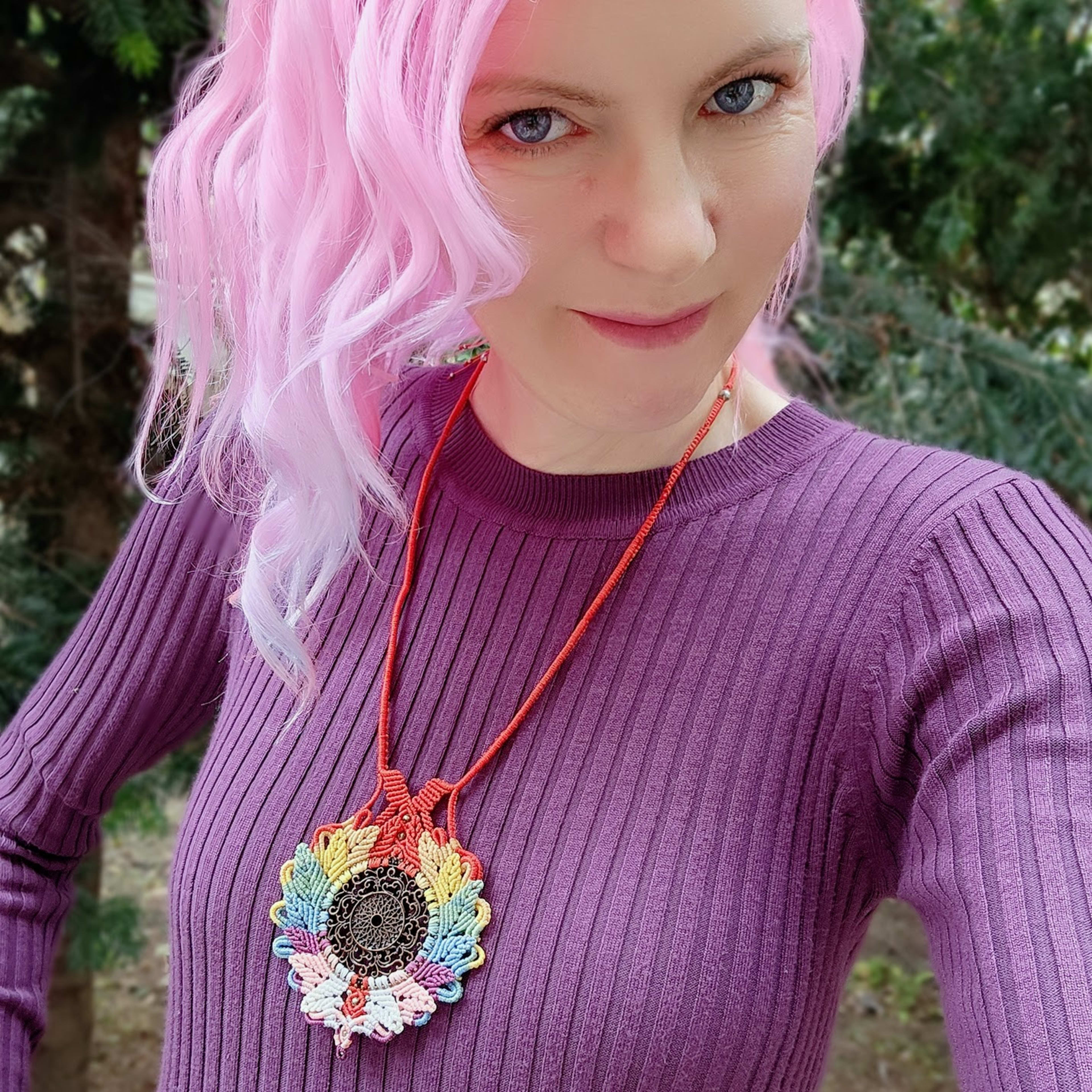 Rainbow Colored Macrame Necklace with Brass Mandala Center Piece Boho Hippie Style Jewelry