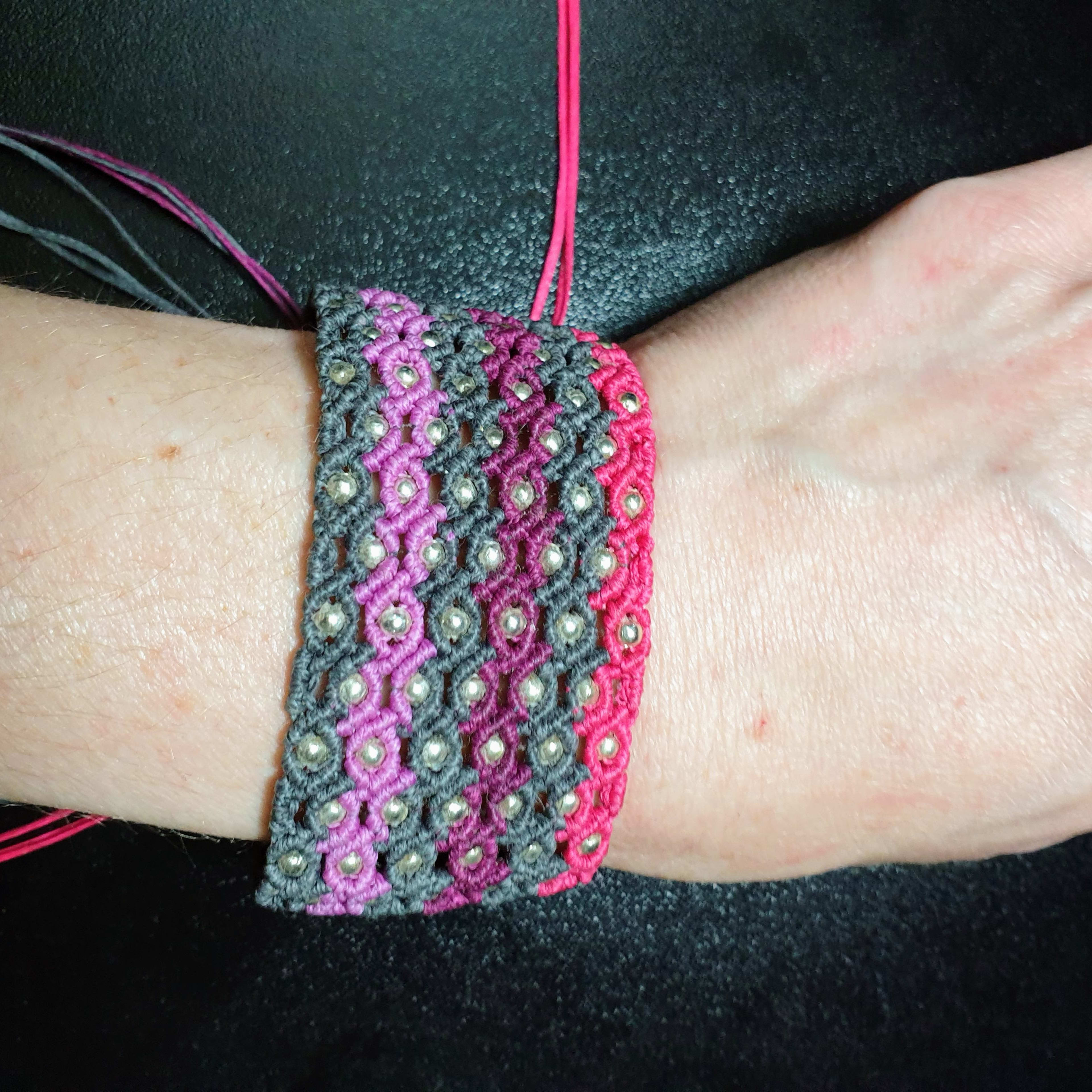 Handmade Macrame Cuff  Bracelet Pink, Purple, Gray with Silver Beads
