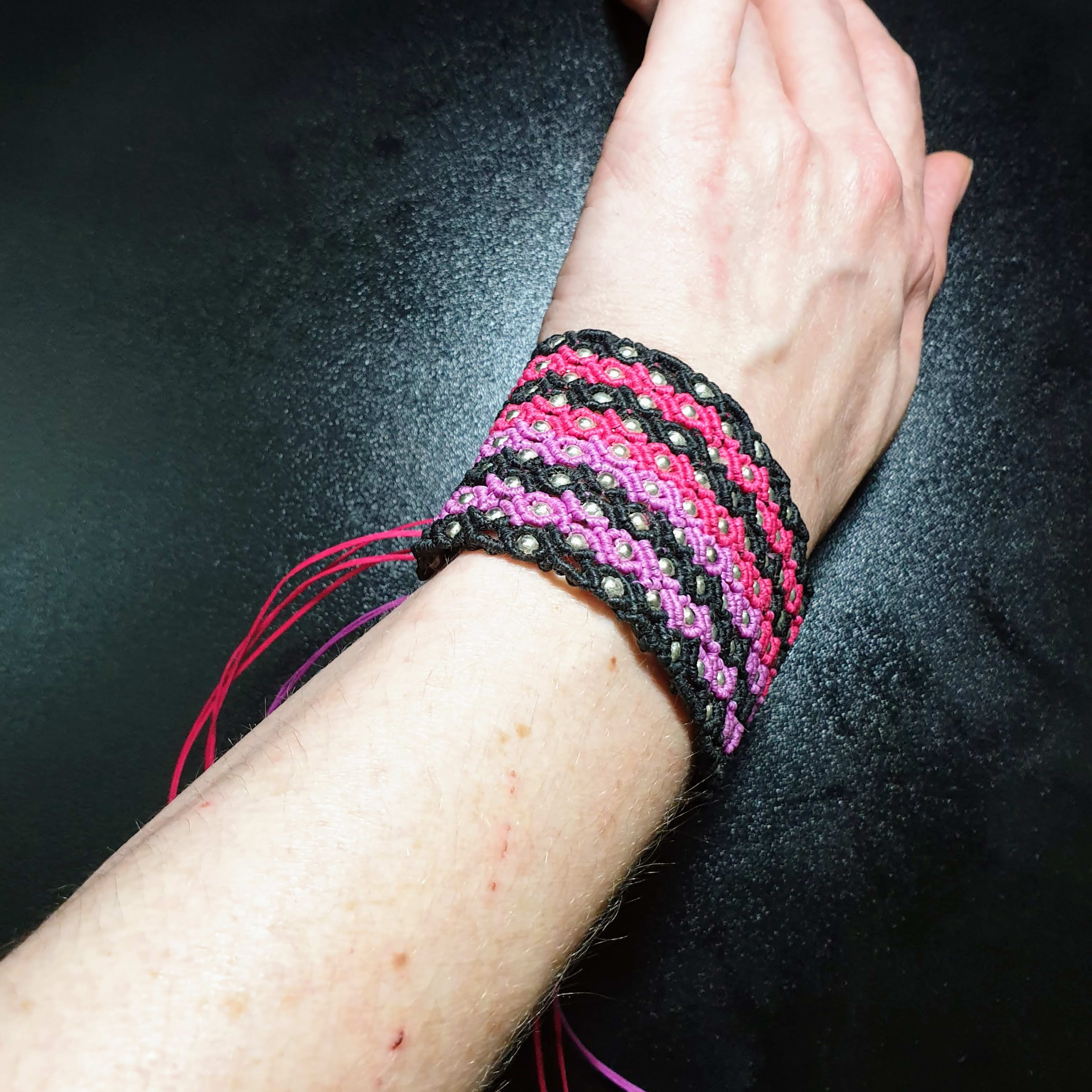 Wide Cuff Macrame Bracelet Pink, Black, Purple, Silver Beads