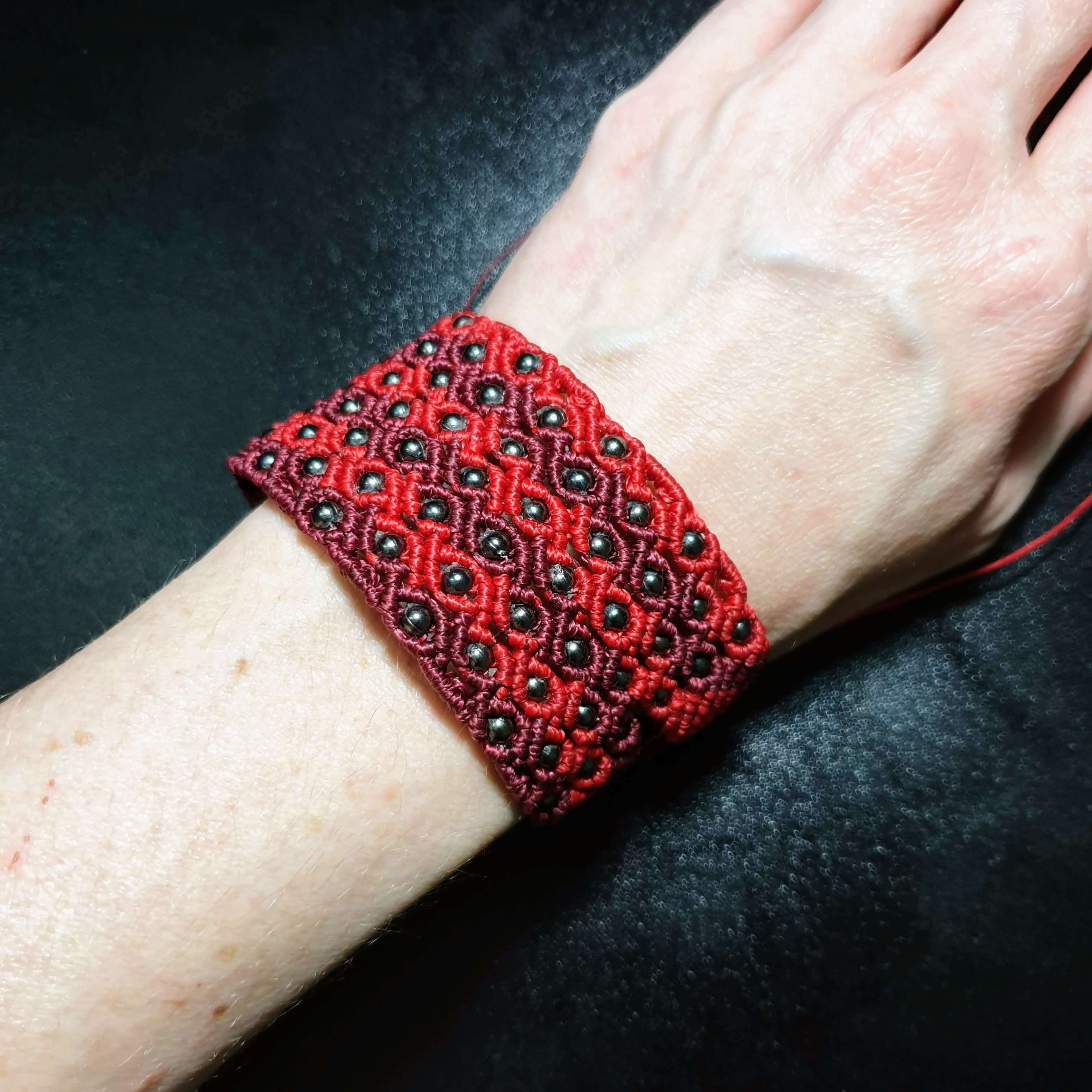 Handmade Macrame Cuff Bracelet Burgundy & Red Boho Style